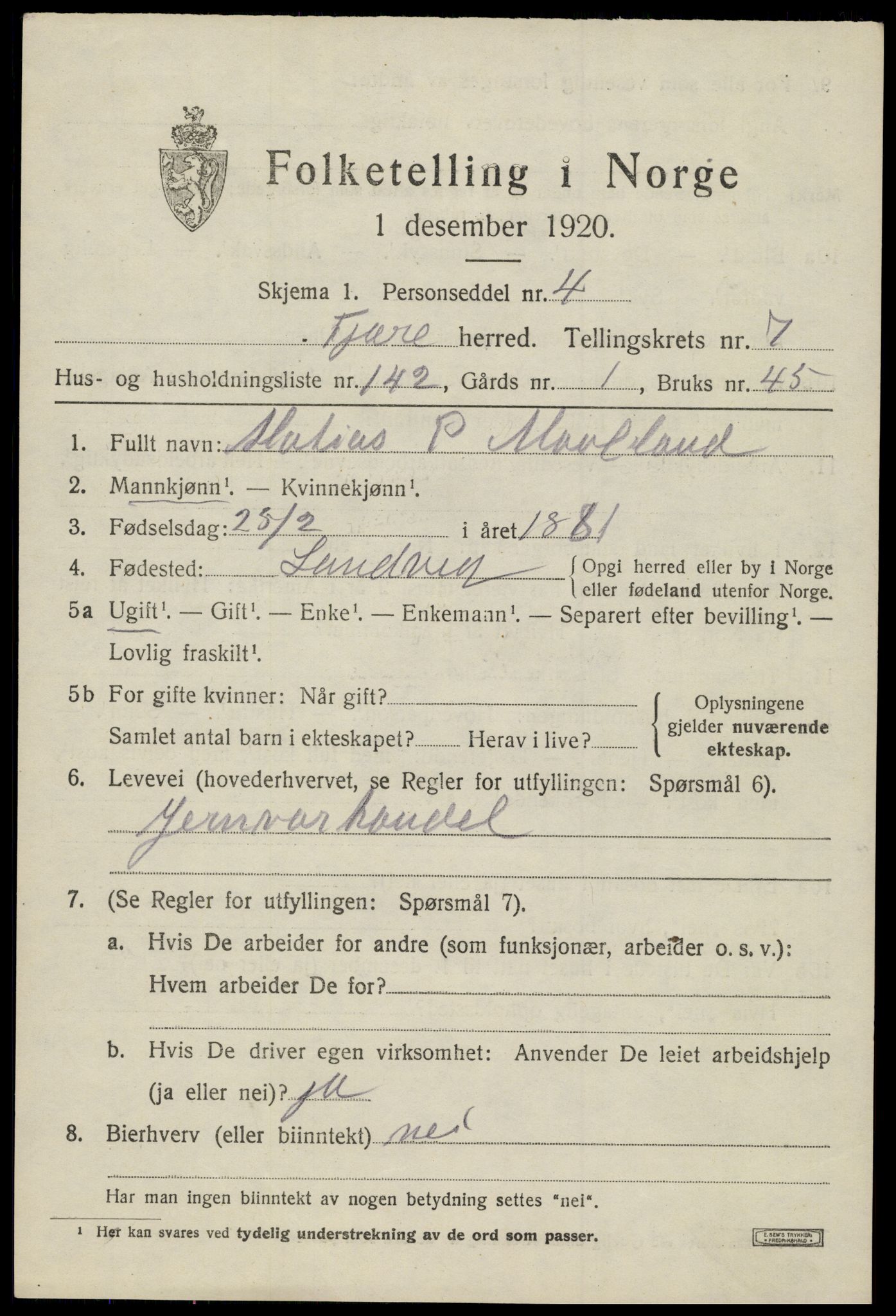 SAK, Folketelling 1920 for 0923 Fjære herred, 1920, s. 9849