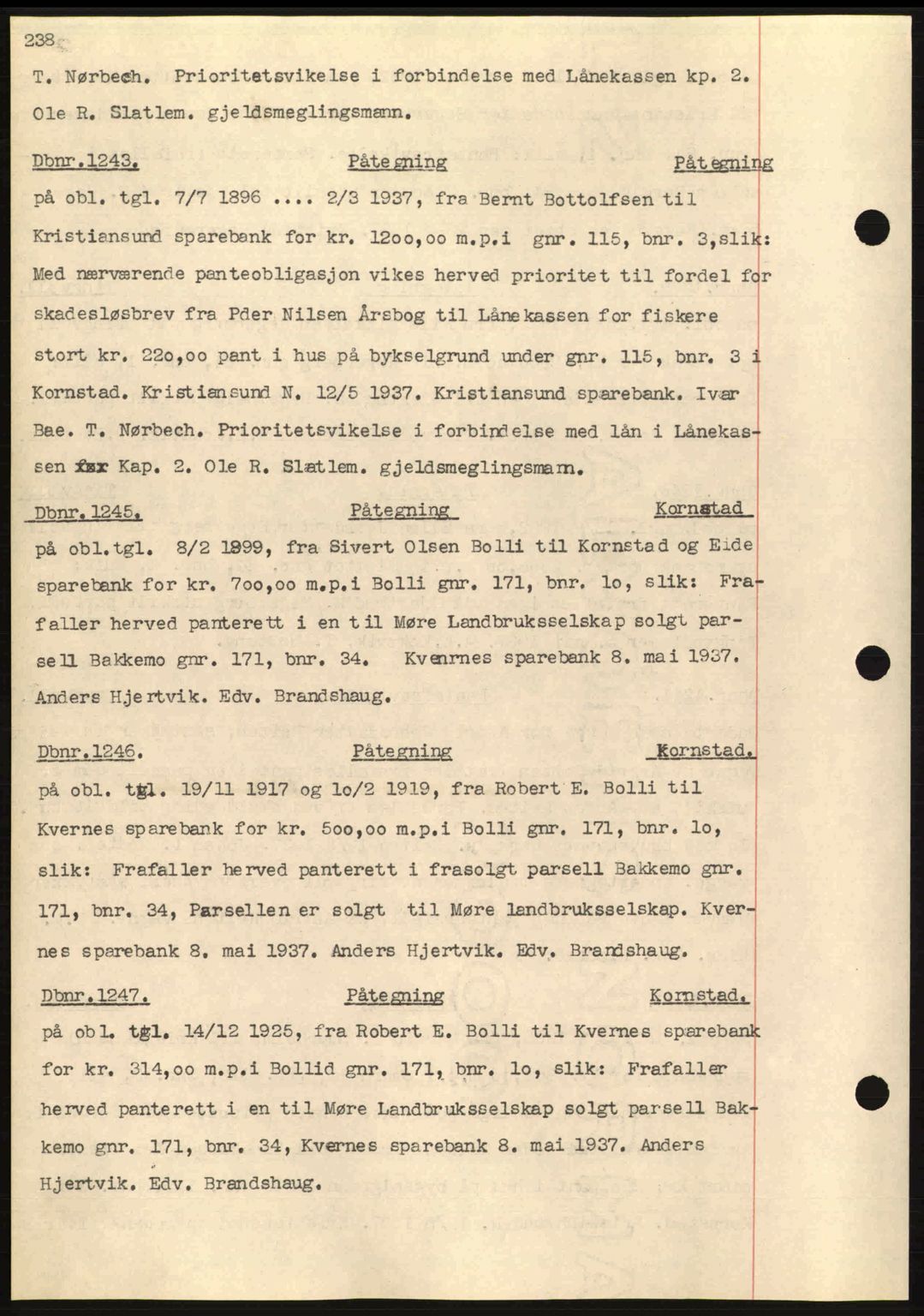 Nordmøre sorenskriveri, SAT/A-4132/1/2/2Ca: Pantebok nr. C80, 1936-1939, Dagboknr: 1243/1937