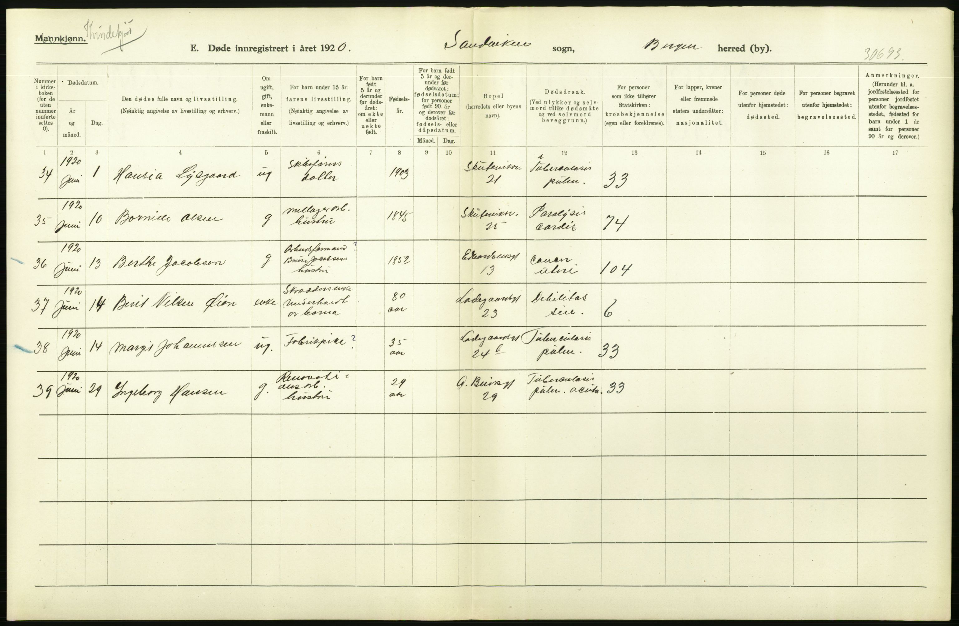 Statistisk sentralbyrå, Sosiodemografiske emner, Befolkning, AV/RA-S-2228/D/Df/Dfb/Dfbj/L0042: Bergen: Gifte, døde, dødfødte., 1920, s. 490