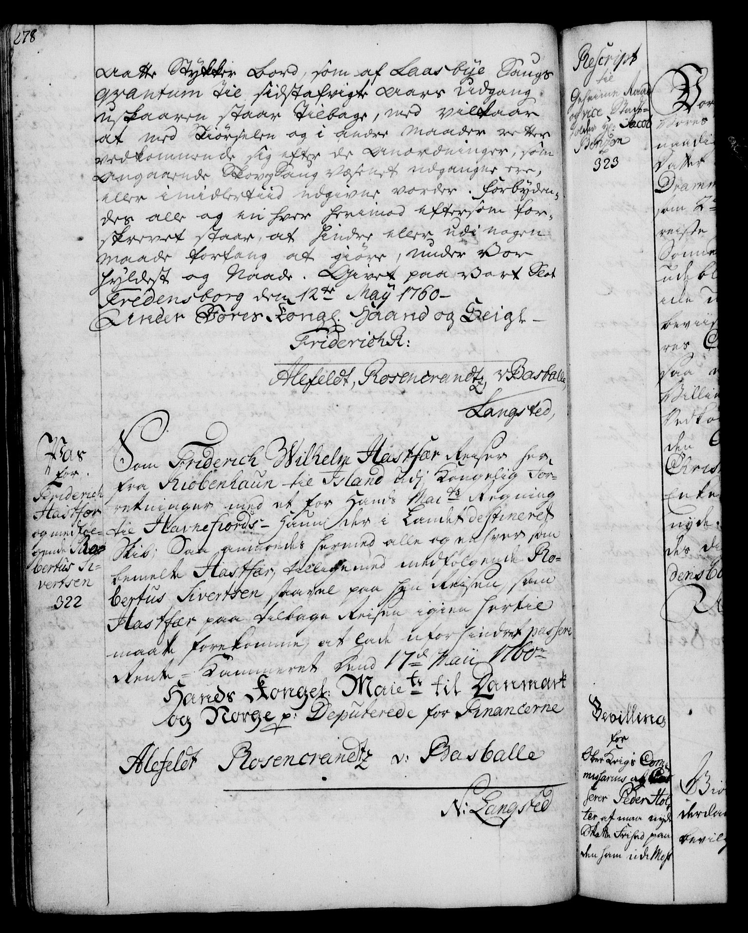 Rentekammeret, Kammerkanselliet, RA/EA-3111/G/Gg/Gga/L0007: Norsk ekspedisjonsprotokoll med register (merket RK 53.7), 1759-1768, s. 278