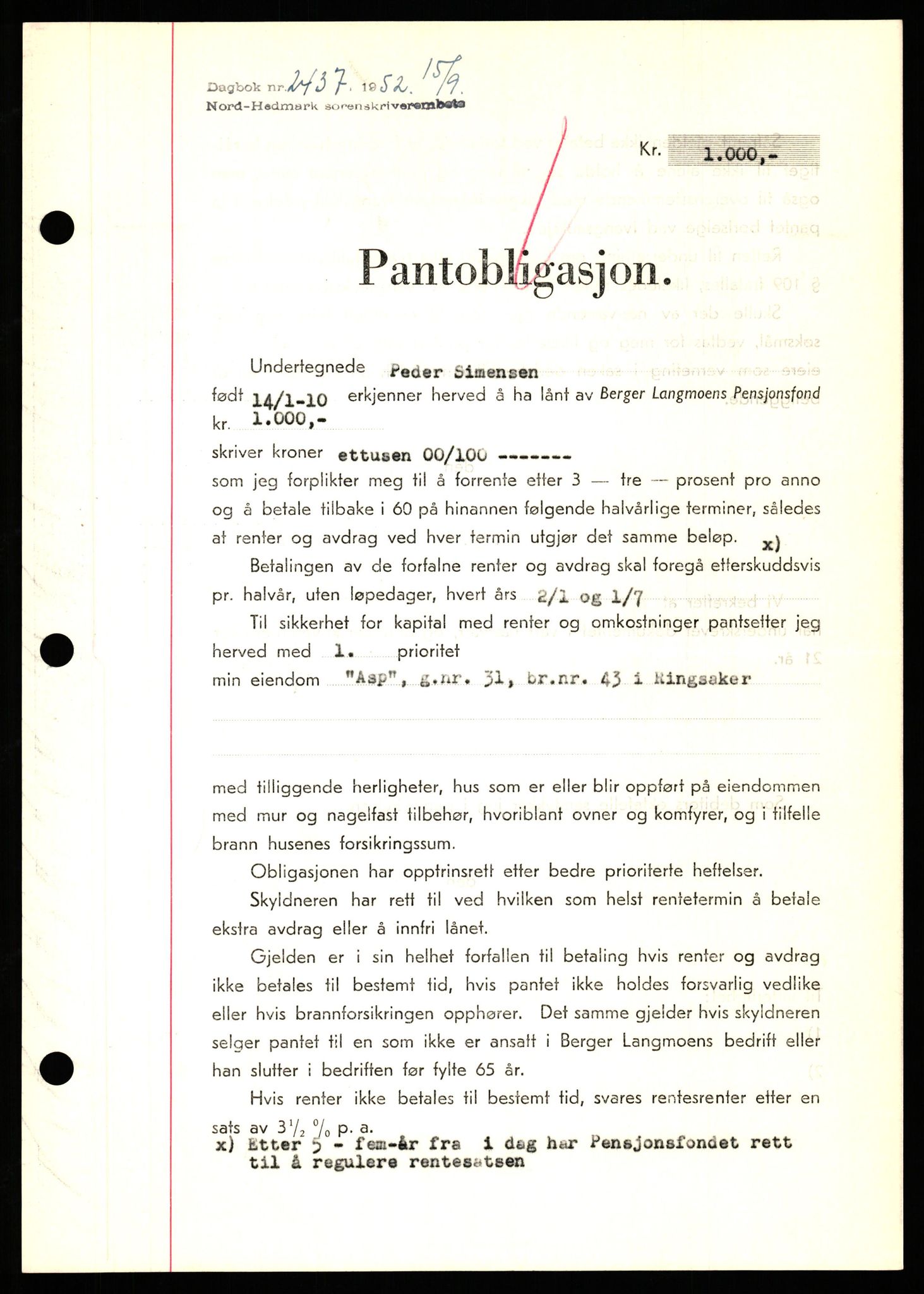 Nord-Hedmark sorenskriveri, SAH/TING-012/H/Hb/Hbf/L0025: Pantebok nr. B25, 1952-1952, Dagboknr: 2437/1952