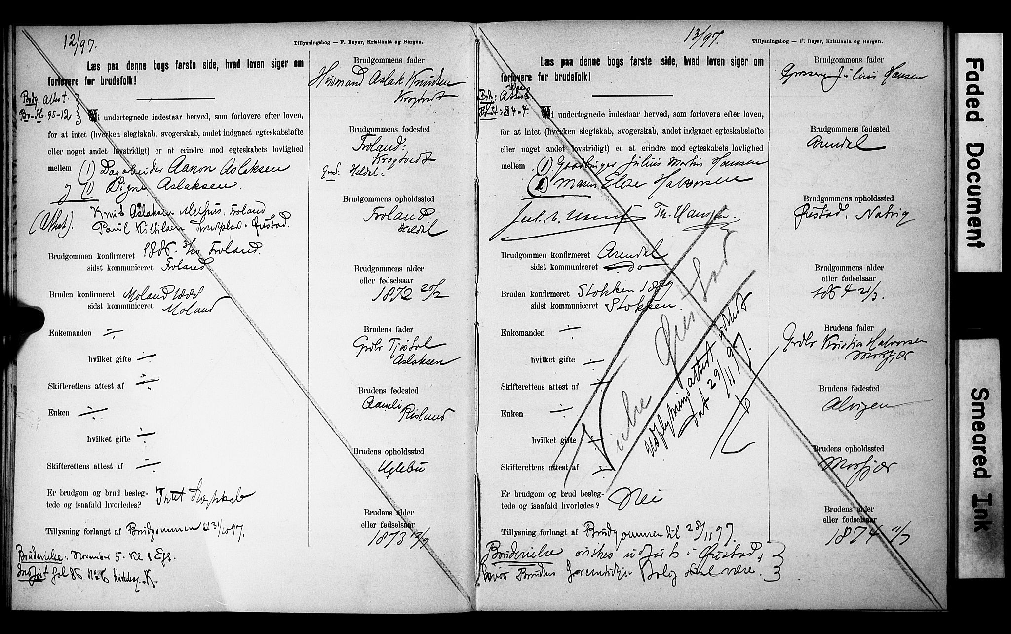 Austre Moland sokneprestkontor, AV/SAK-1111-0001/F/Fe/L0001: Lysningsprotokoll nr. A VI 10, 1895-1902