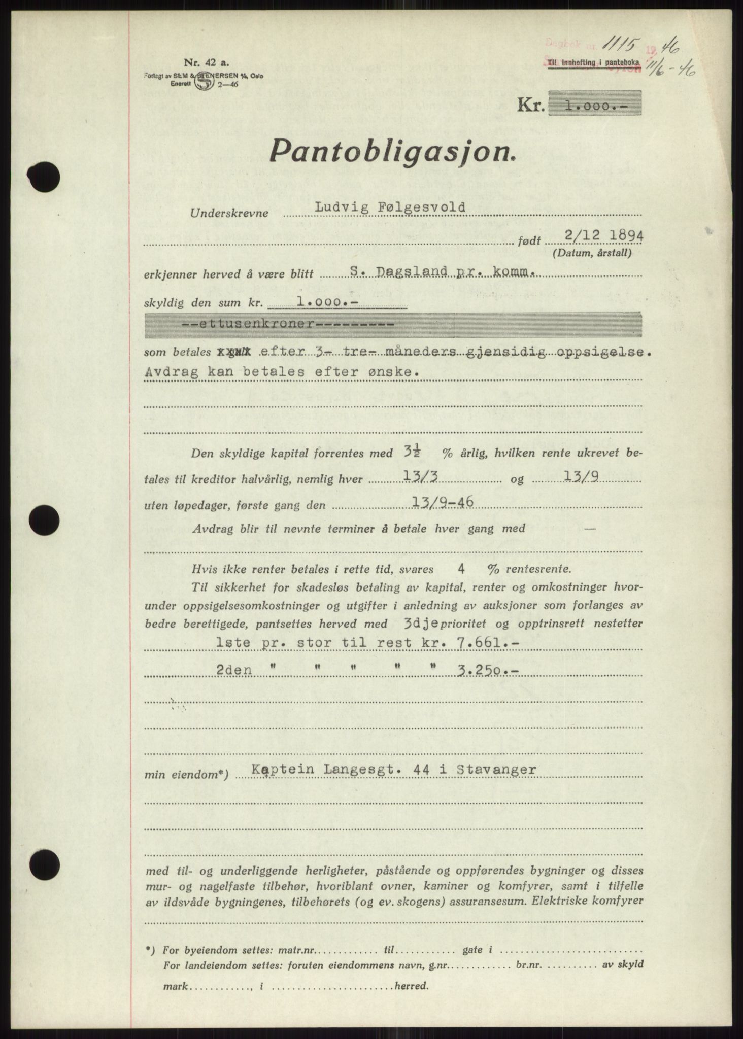 Stavanger byrett, SAST/A-100455/002/G/Gb/L0031: Pantebok, 1943-1947, Dagboknr: 1115/1946