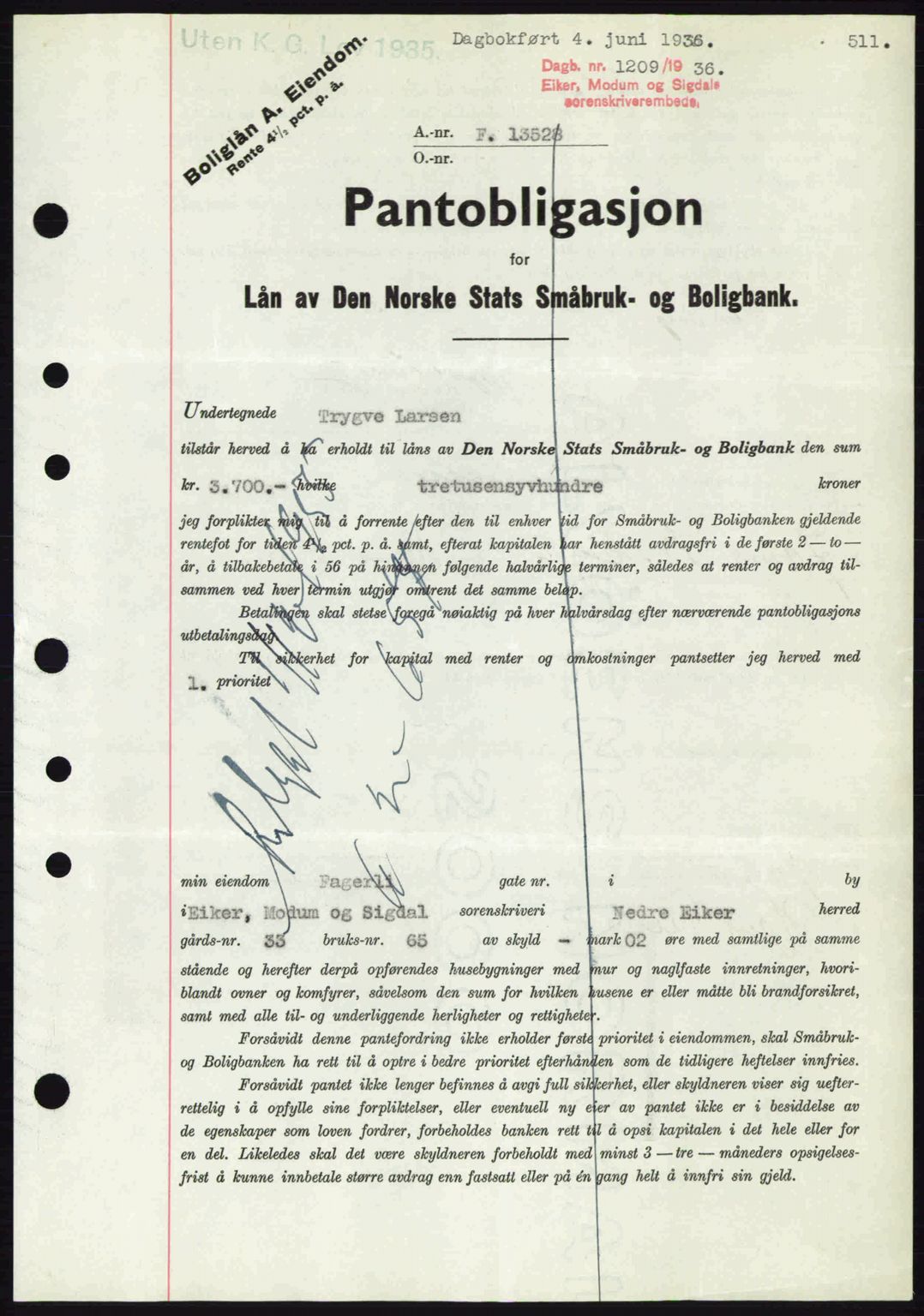 Eiker, Modum og Sigdal sorenskriveri, SAKO/A-123/G/Ga/Gab/L0032: Pantebok nr. A2, 1936-1936, Dagboknr: 1209/1936
