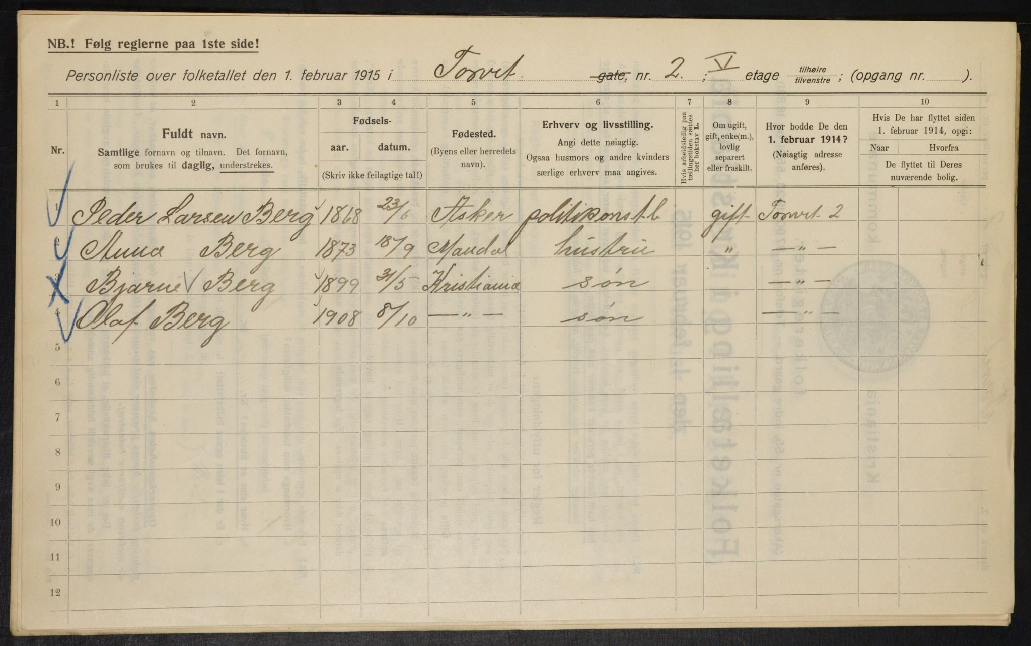 OBA, Kommunal folketelling 1.2.1915 for Kristiania, 1915, s. 103772