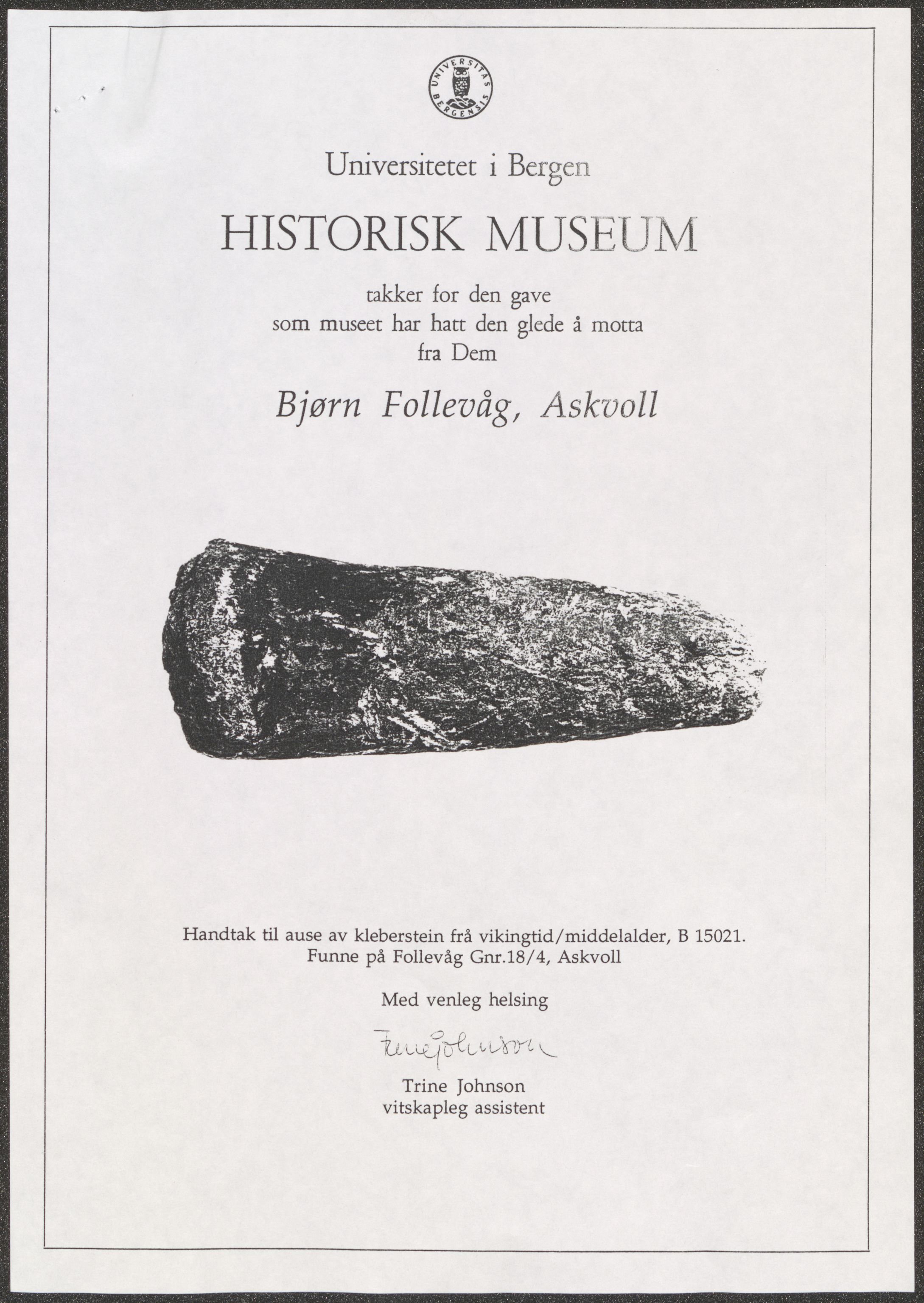 Arkeologiske samlinger, UMB/A003/E/Ea/L0001/0011: Askvoll  / Follevåg, gnr. 18 (Folvåg), 1993