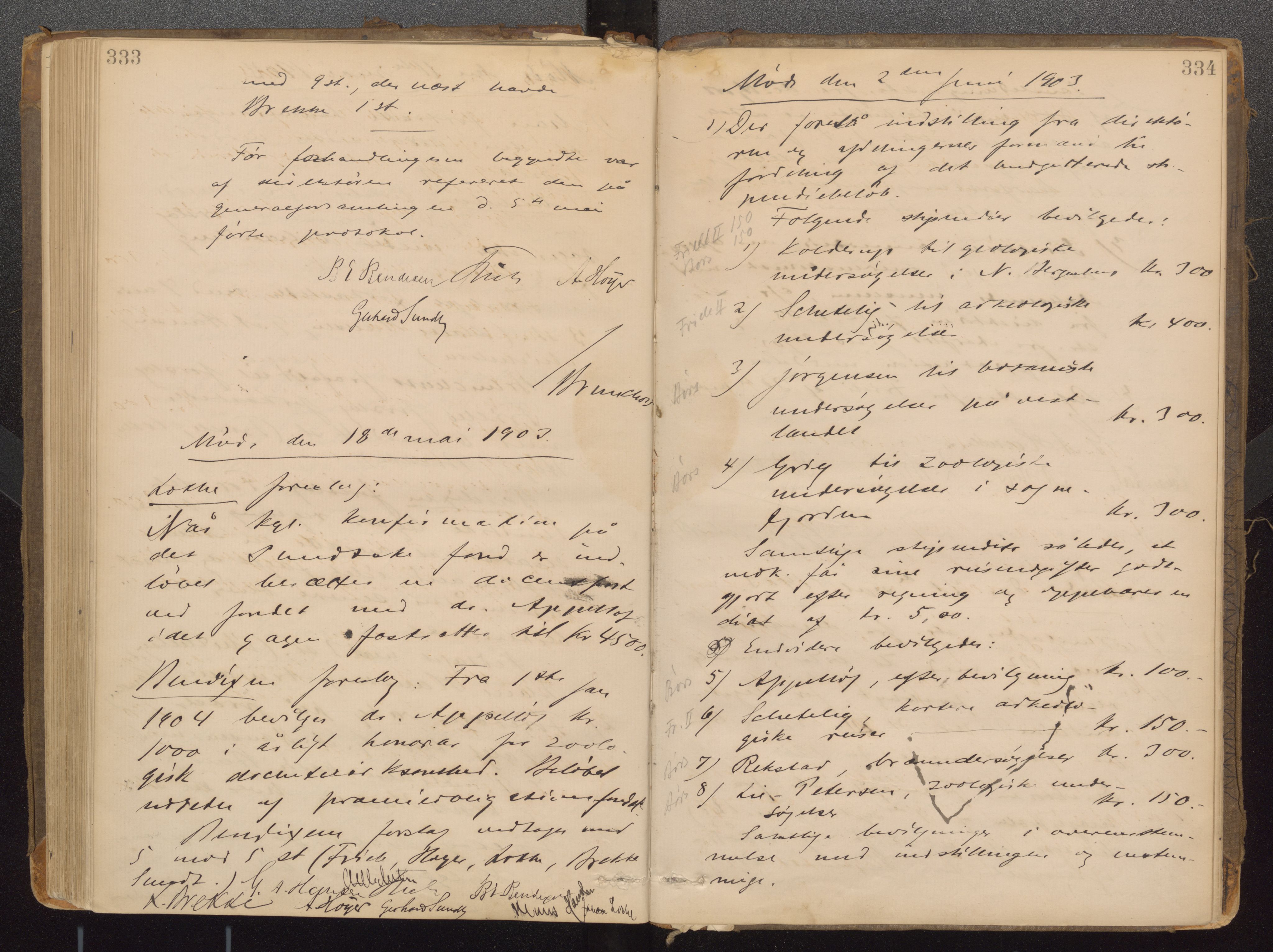 Bergens Museum, UMB/A007/A/Aa/L0007: Forhandlingsprotokoll , 1872-1906, s. 333,334