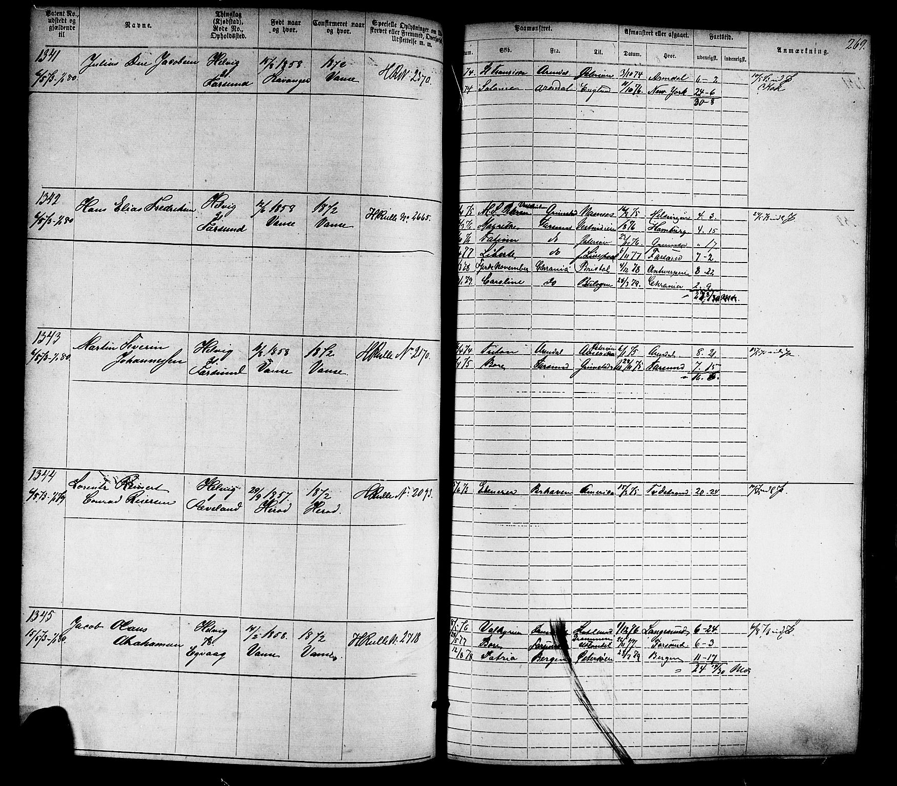 Farsund mønstringskrets, SAK/2031-0017/F/Fa/L0005: Annotasjonsrulle nr 1-1910 med register, Z-2, 1869-1877, s. 299