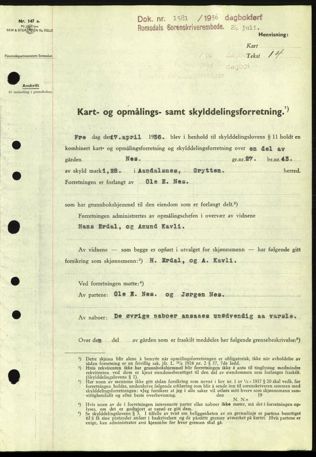 Romsdal sorenskriveri, SAT/A-4149/1/2/2C: Pantebok nr. A1, 1936-1936, Dagboknr: 1581/1936