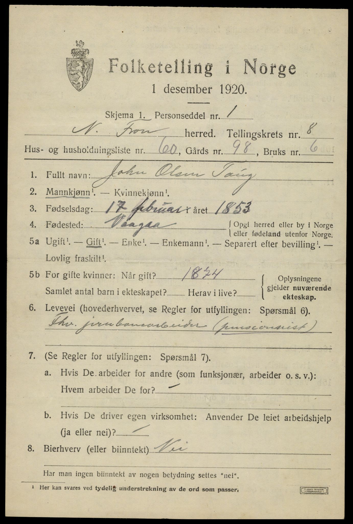 SAH, Folketelling 1920 for 0518 Nord-Fron herred, 1920, s. 7470