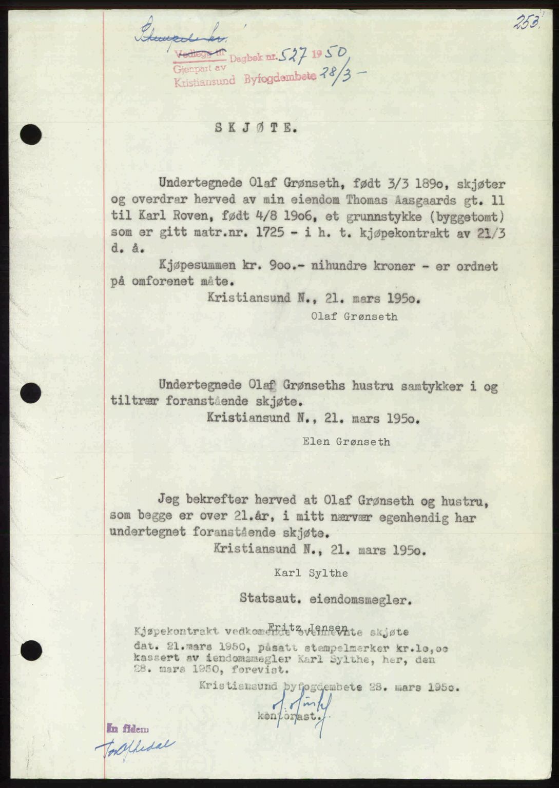 Kristiansund byfogd, AV/SAT-A-4587/A/27: Pantebok nr. 46, 1949-1950, Dagboknr: 527/1950