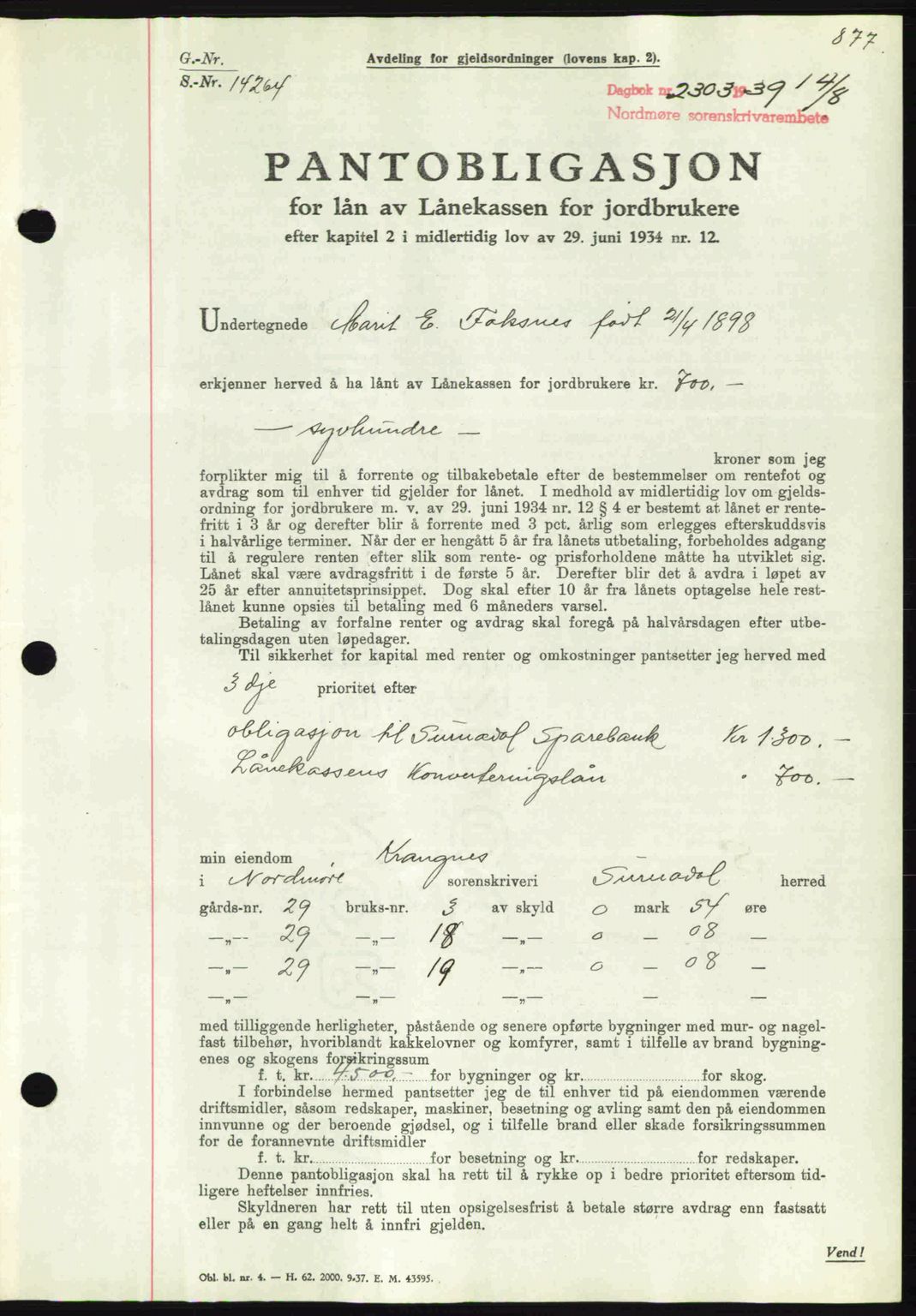 Nordmøre sorenskriveri, AV/SAT-A-4132/1/2/2Ca: Pantebok nr. B85, 1939-1939, Dagboknr: 2303/1939