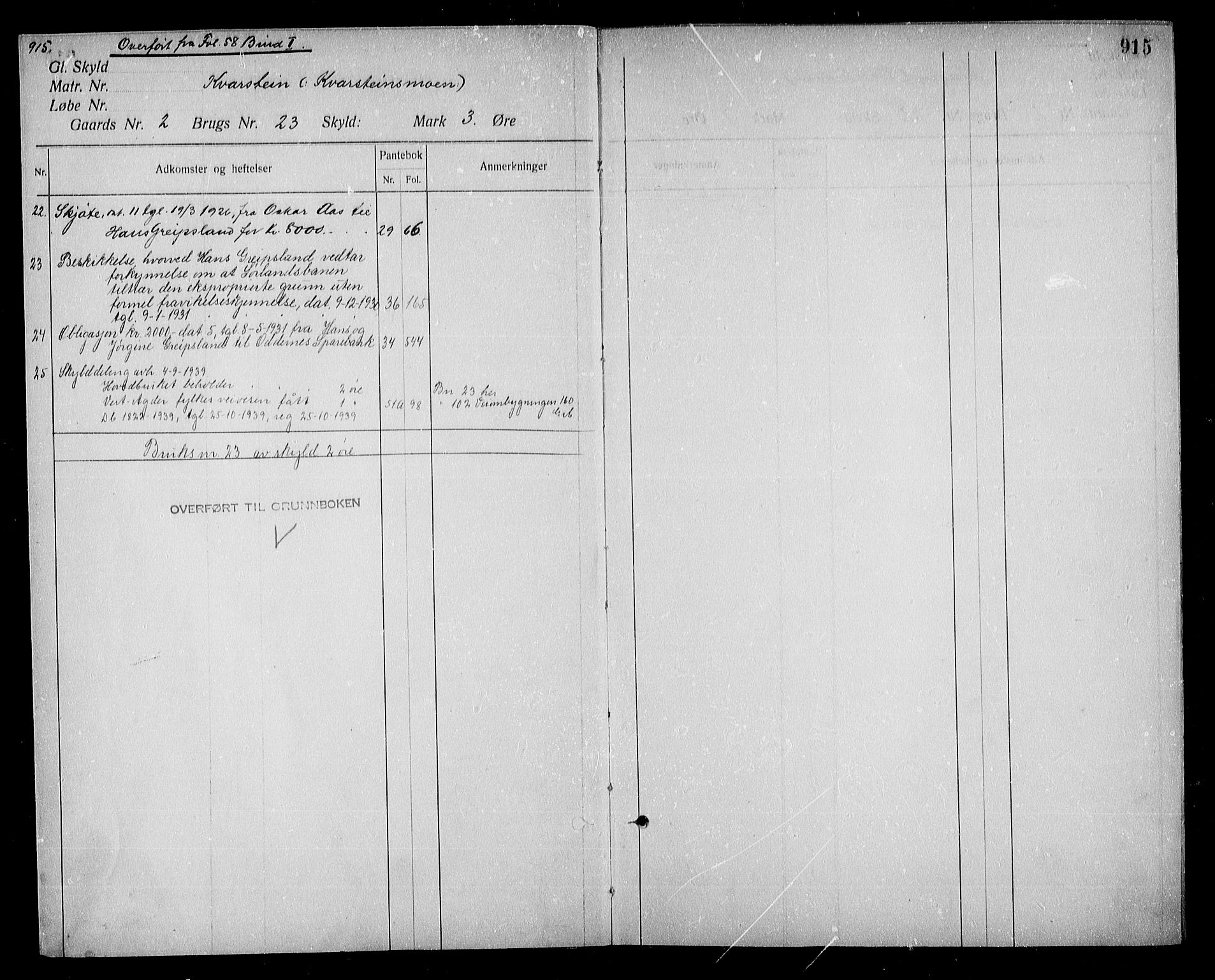 Torridal sorenskriveri, AV/SAK-1221-0012/G/Ga/L0007: Panteregister nr. 7, 1810-1939, s. 915