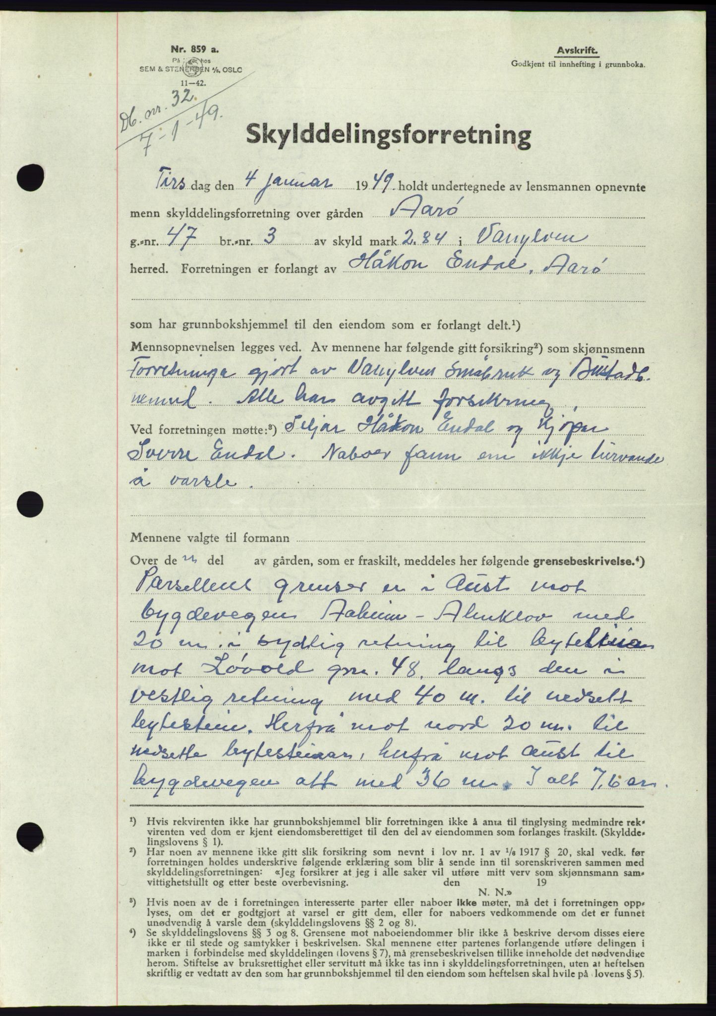 Søre Sunnmøre sorenskriveri, AV/SAT-A-4122/1/2/2C/L0083: Pantebok nr. 9A, 1948-1949, Dagboknr: 32/1949