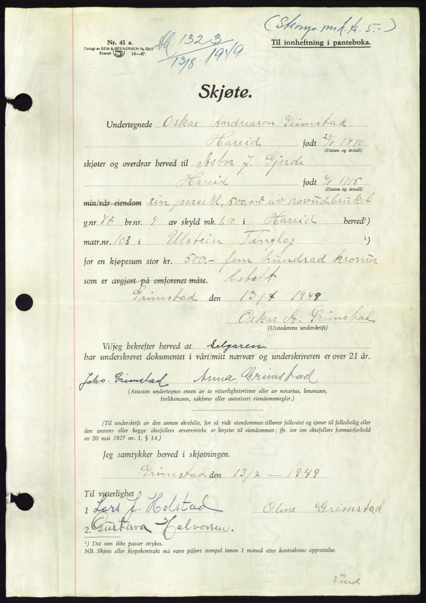 Søre Sunnmøre sorenskriveri, AV/SAT-A-4122/1/2/2C/L0085: Pantebok nr. 11A, 1949-1949, Dagboknr: 1323/1949