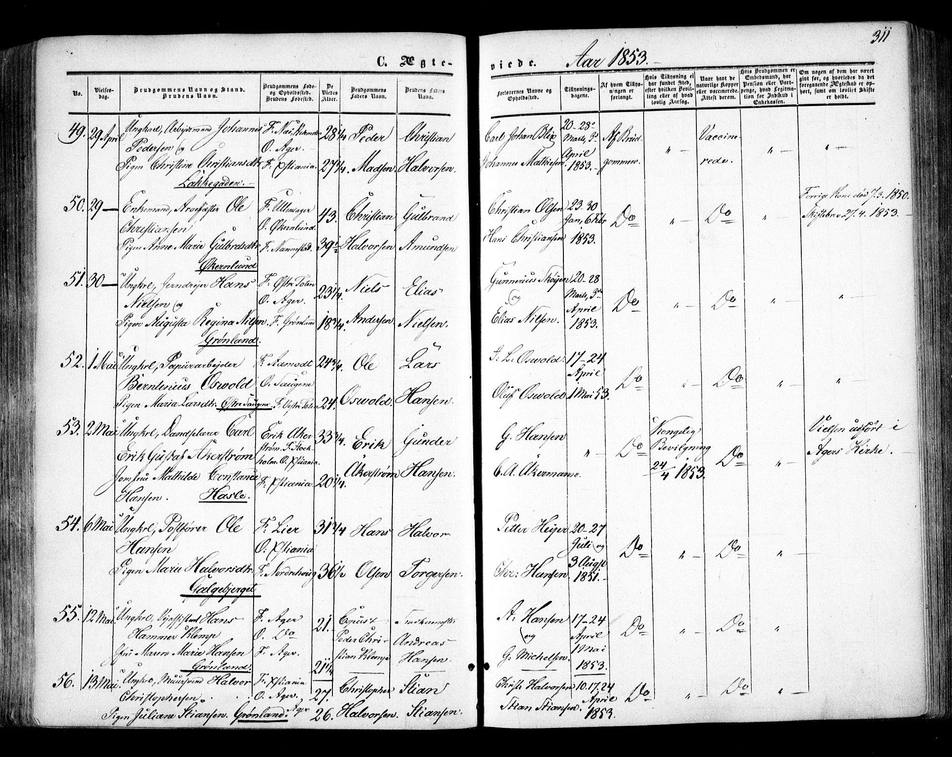 Aker prestekontor kirkebøker, AV/SAO-A-10861/F/L0020: Ministerialbok nr. 20, 1853-1857, s. 311