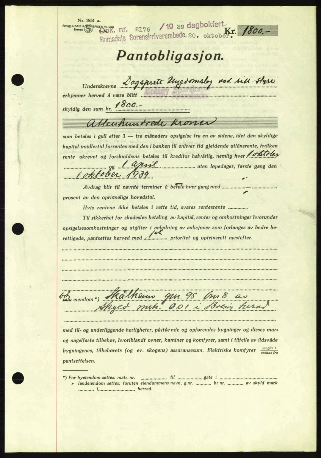 Romsdal sorenskriveri, SAT/A-4149/1/2/2C: Pantebok nr. B2, 1939-1945, Dagboknr: 2176/1939