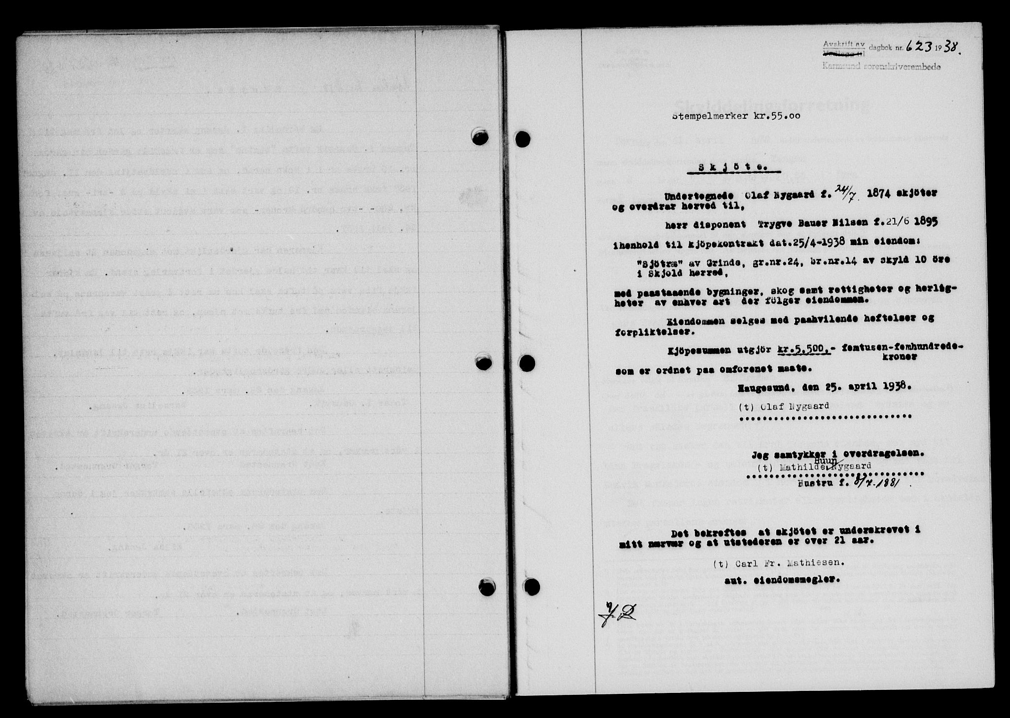 Karmsund sorenskriveri, SAST/A-100311/01/II/IIB/L0069: Pantebok nr. 50A, 1937-1938, Dagboknr: 623/1938
