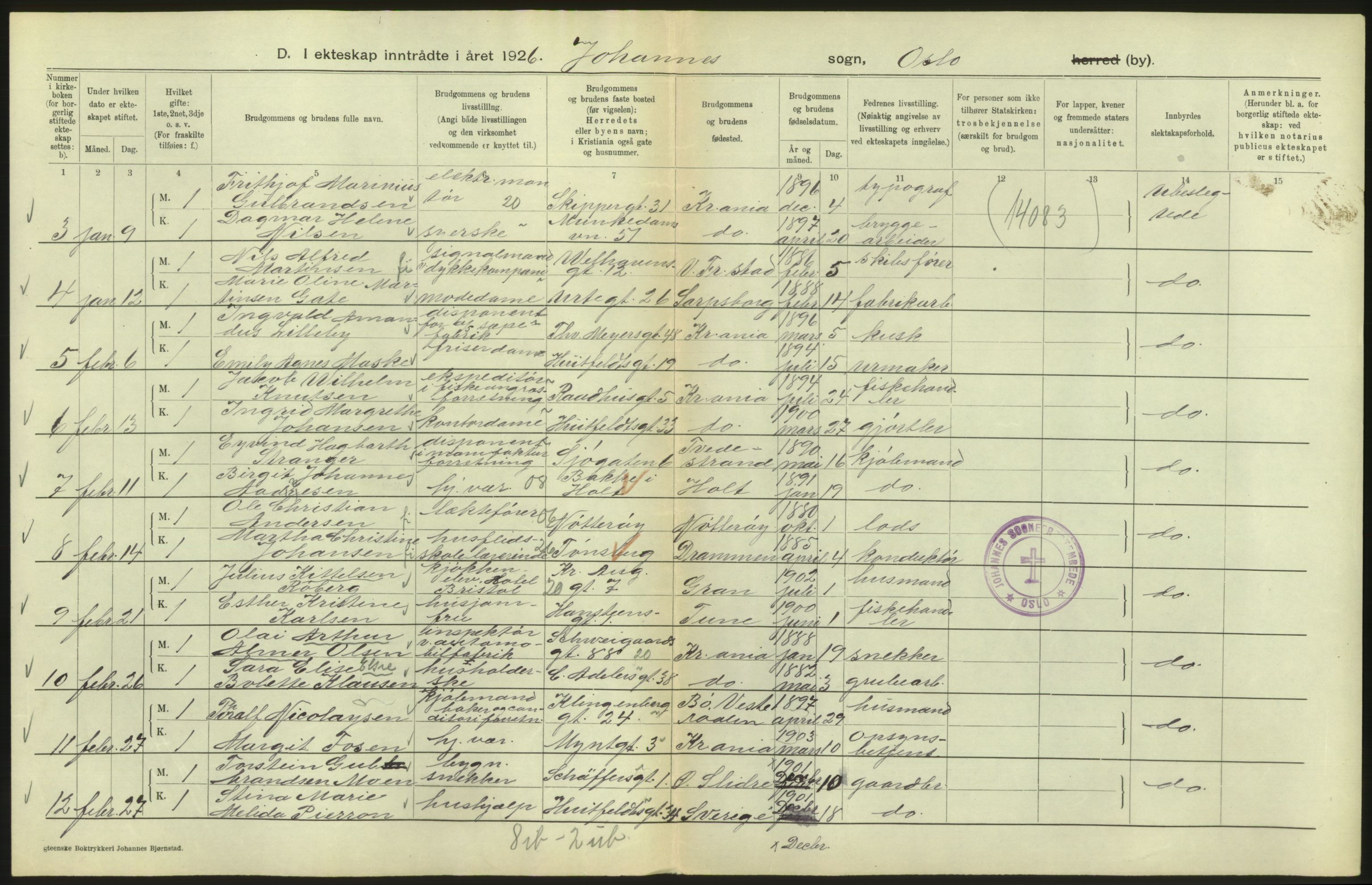 Statistisk sentralbyrå, Sosiodemografiske emner, Befolkning, AV/RA-S-2228/D/Df/Dfc/Dfcf/L0008: Oslo: Gifte, 1926, s. 138