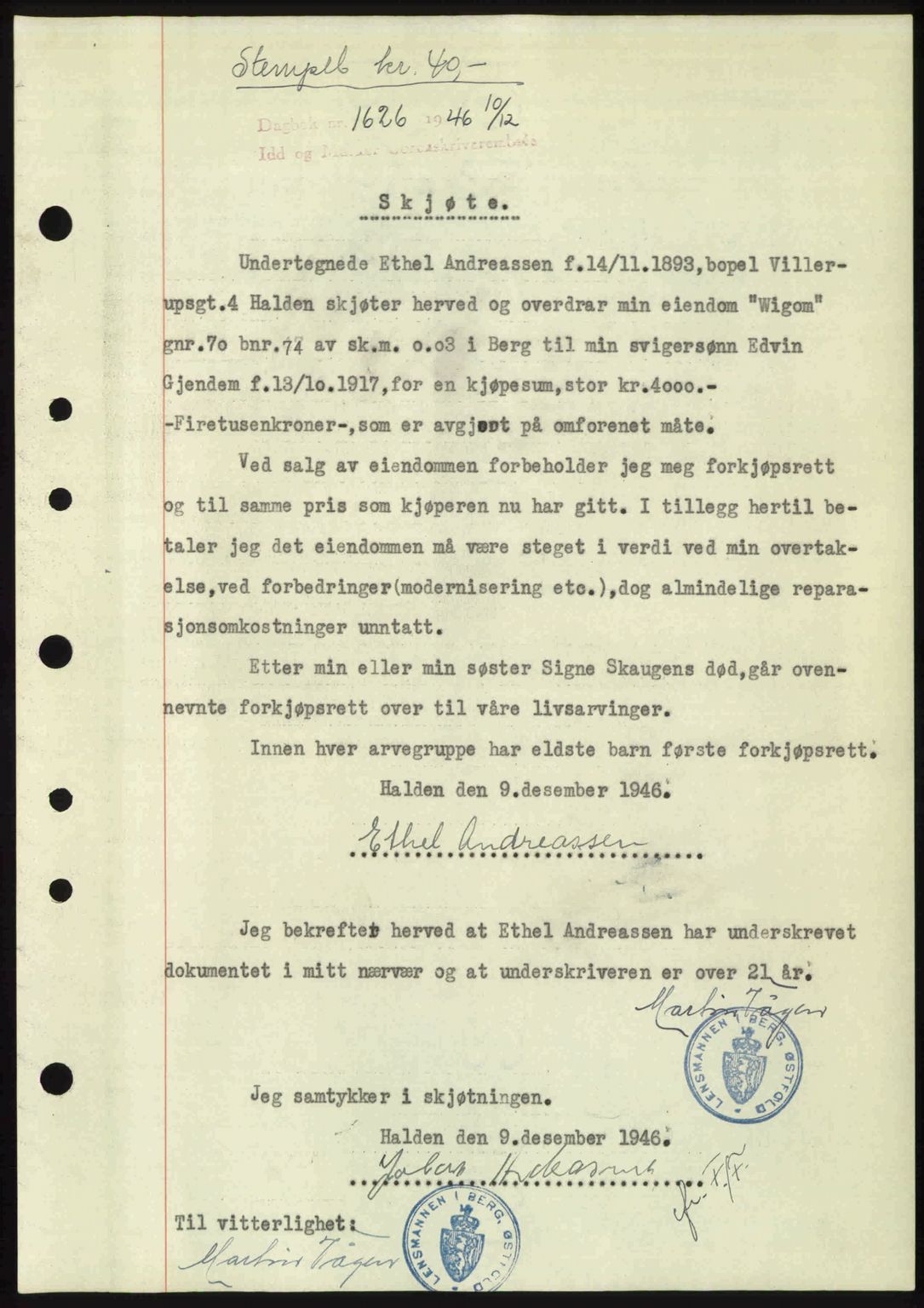 Idd og Marker sorenskriveri, SAO/A-10283/G/Gb/Gbb/L0009: Pantebok nr. A9, 1946-1947, Dagboknr: 1626/1946