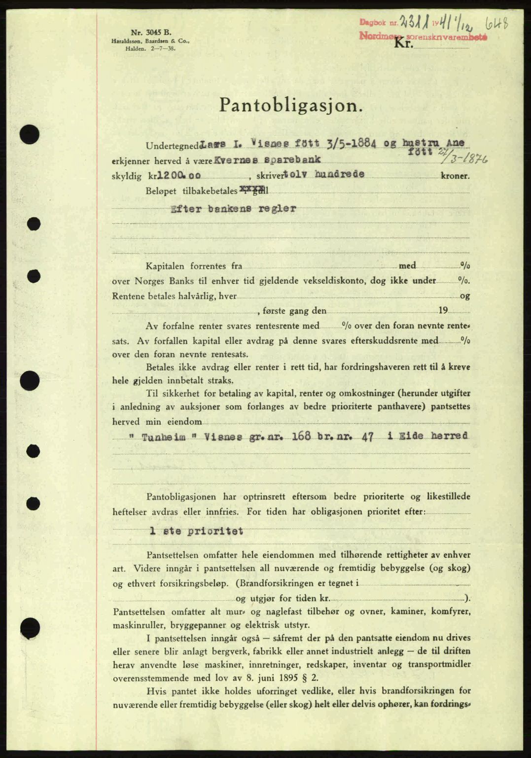 Nordmøre sorenskriveri, SAT/A-4132/1/2/2Ca: Pantebok nr. B88, 1941-1942, Dagboknr: 2311/1941