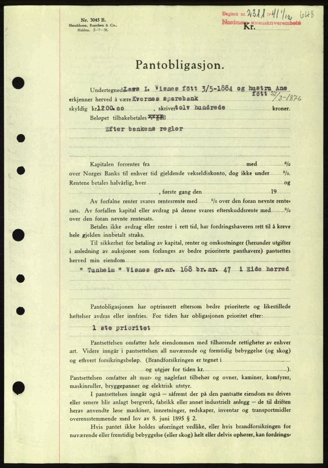 Nordmøre sorenskriveri, AV/SAT-A-4132/1/2/2Ca: Pantebok nr. B88, 1941-1942, Dagboknr: 2311/1941