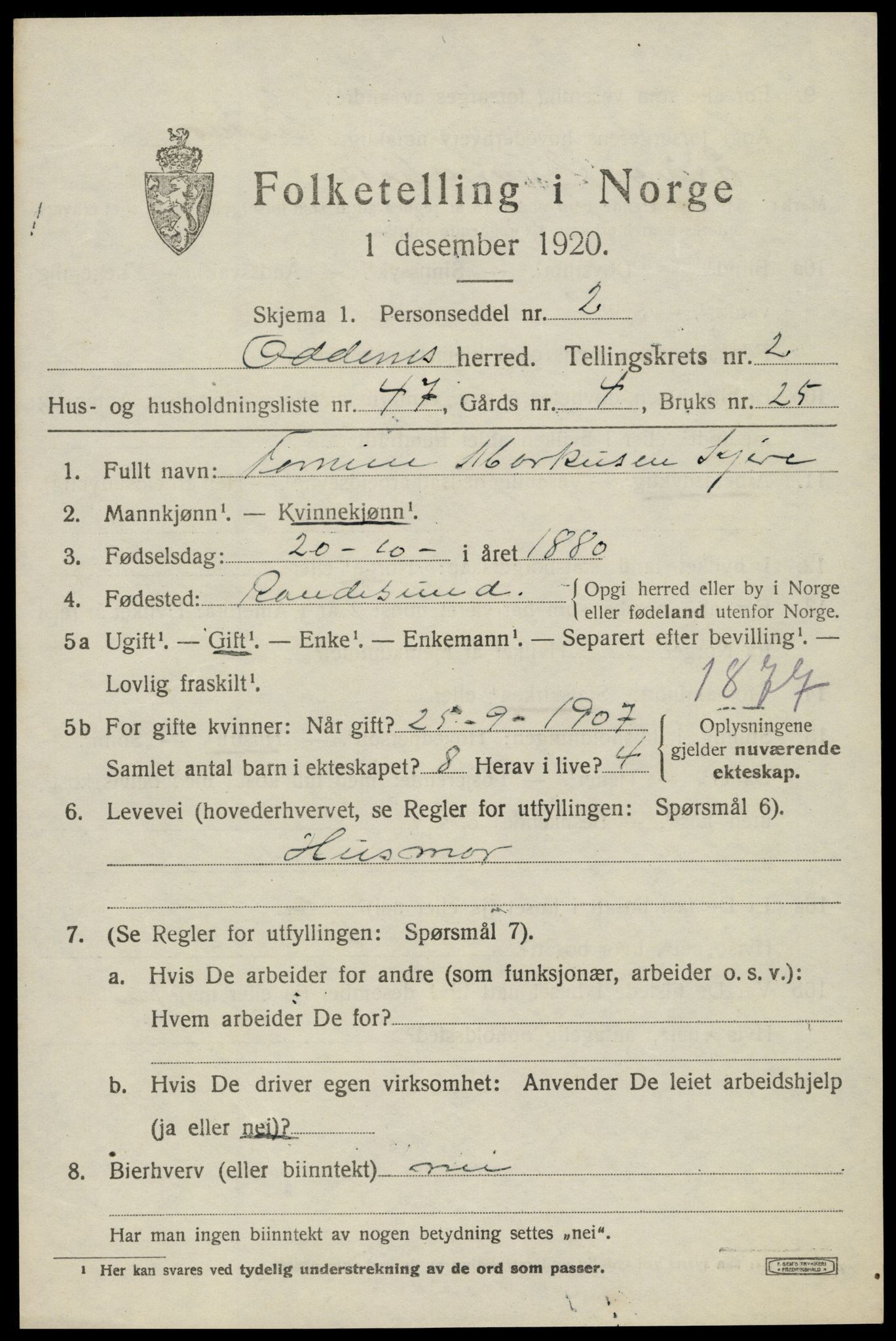 SAK, Folketelling 1920 for 1012 Oddernes herred, 1920, s. 3305