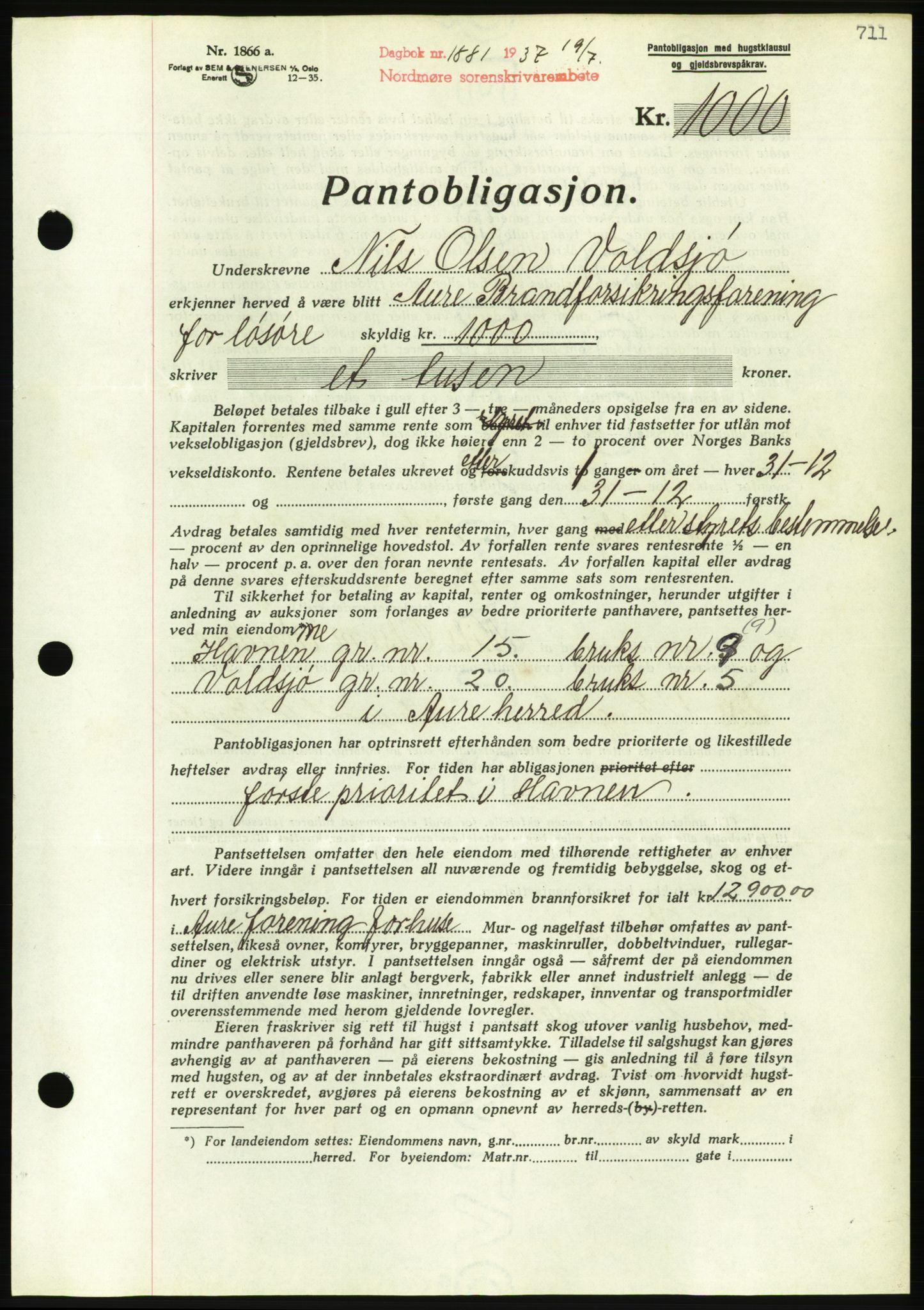 Nordmøre sorenskriveri, AV/SAT-A-4132/1/2/2Ca/L0091: Pantebok nr. B81, 1937-1937, Dagboknr: 1881/1937