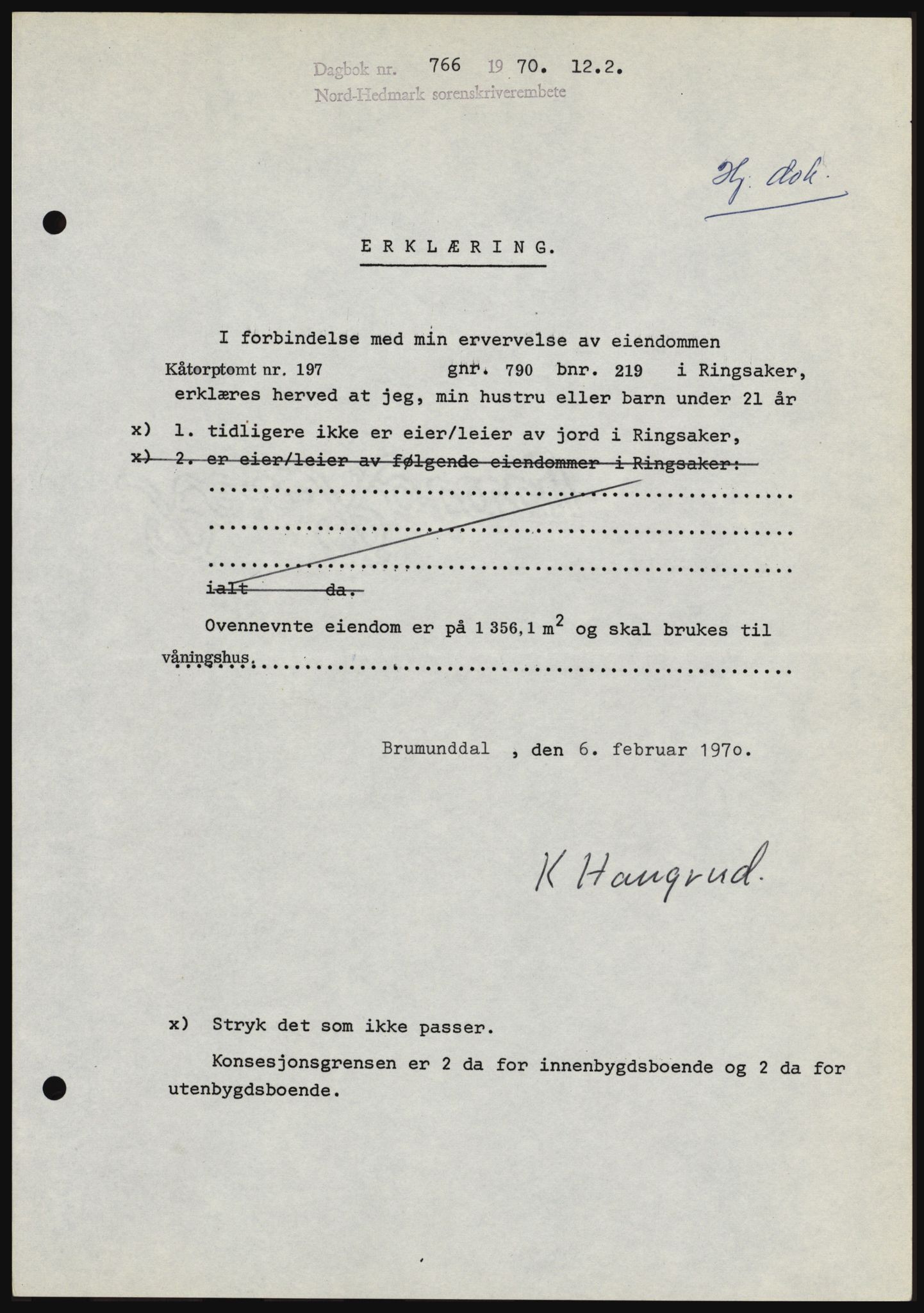 Nord-Hedmark sorenskriveri, AV/SAH-TING-012/H/Hc/L0033: Pantebok nr. 33, 1970-1970, Dagboknr: 766/1970