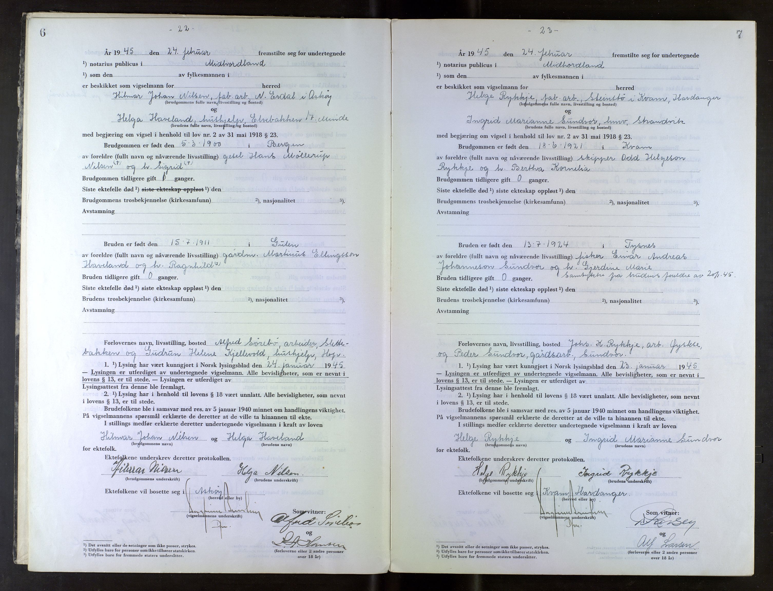 Midhordland sorenskriveri, AV/SAB-A-3001/1/M/Mc/Mca/L0007: Notarialbilag. Vigselbøker, 1945-1948, s. 6-7