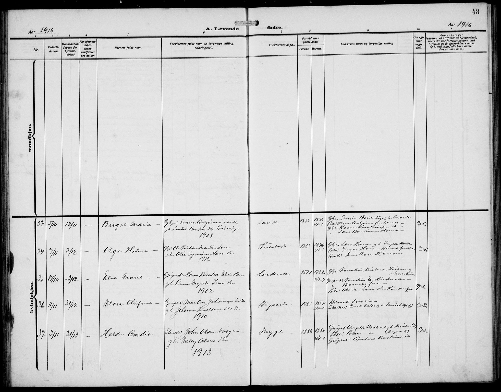 Avaldsnes sokneprestkontor, AV/SAST-A -101851/H/Ha/Hab/L0008: Klokkerbok nr. B 8, 1910-1939, s. 43