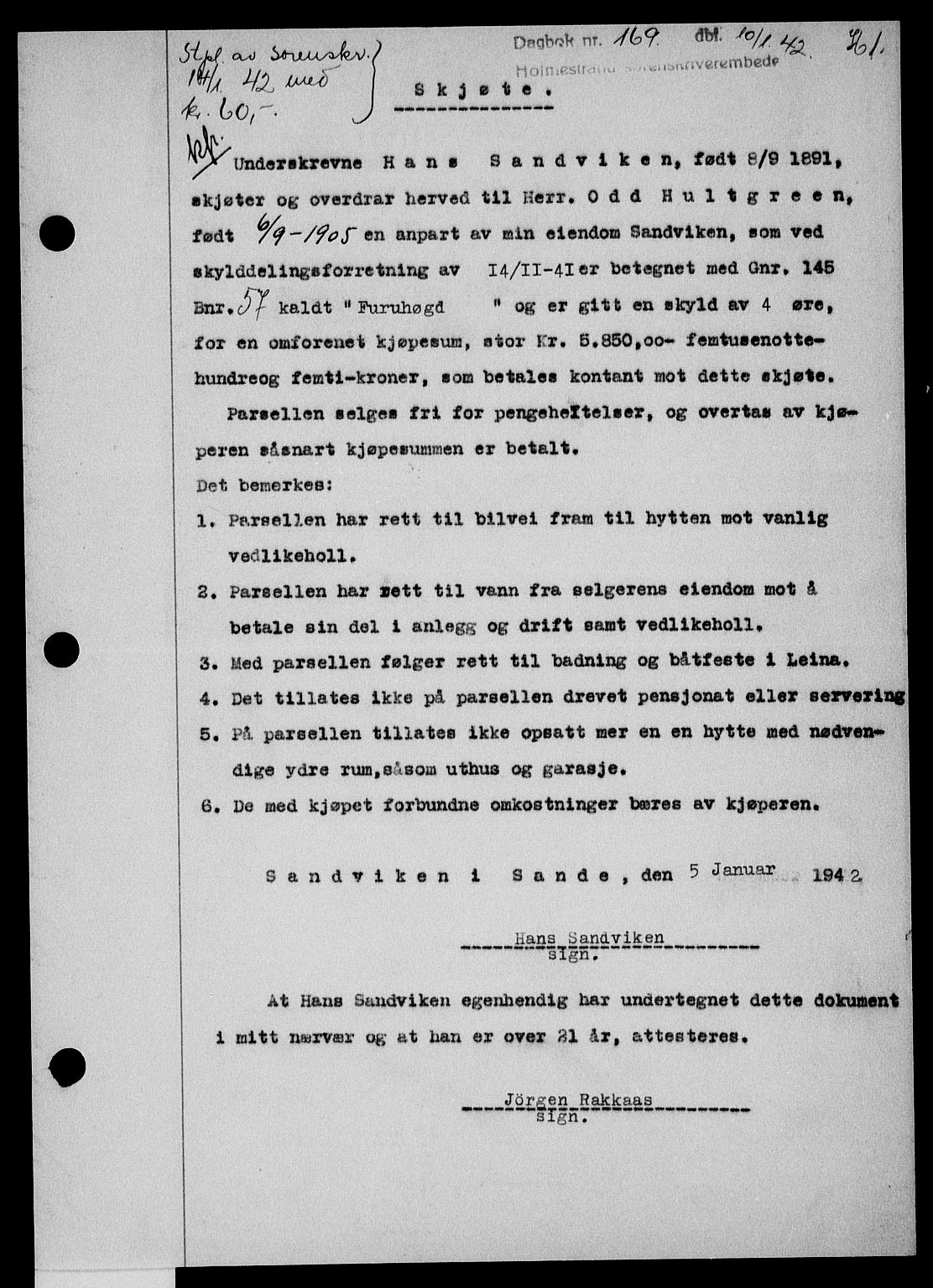 Holmestrand sorenskriveri, SAKO/A-67/G/Ga/Gaa/L0054: Pantebok nr. A-54, 1941-1942, Dagboknr: 169/1942