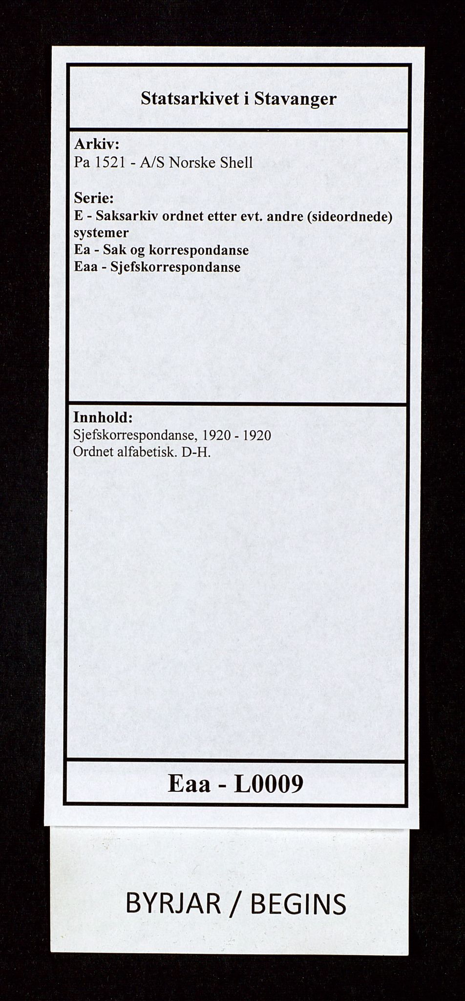 Pa 1521 - A/S Norske Shell, SAST/A-101915/E/Ea/Eaa/L0009: Sjefskorrespondanse, 1920, s. 1