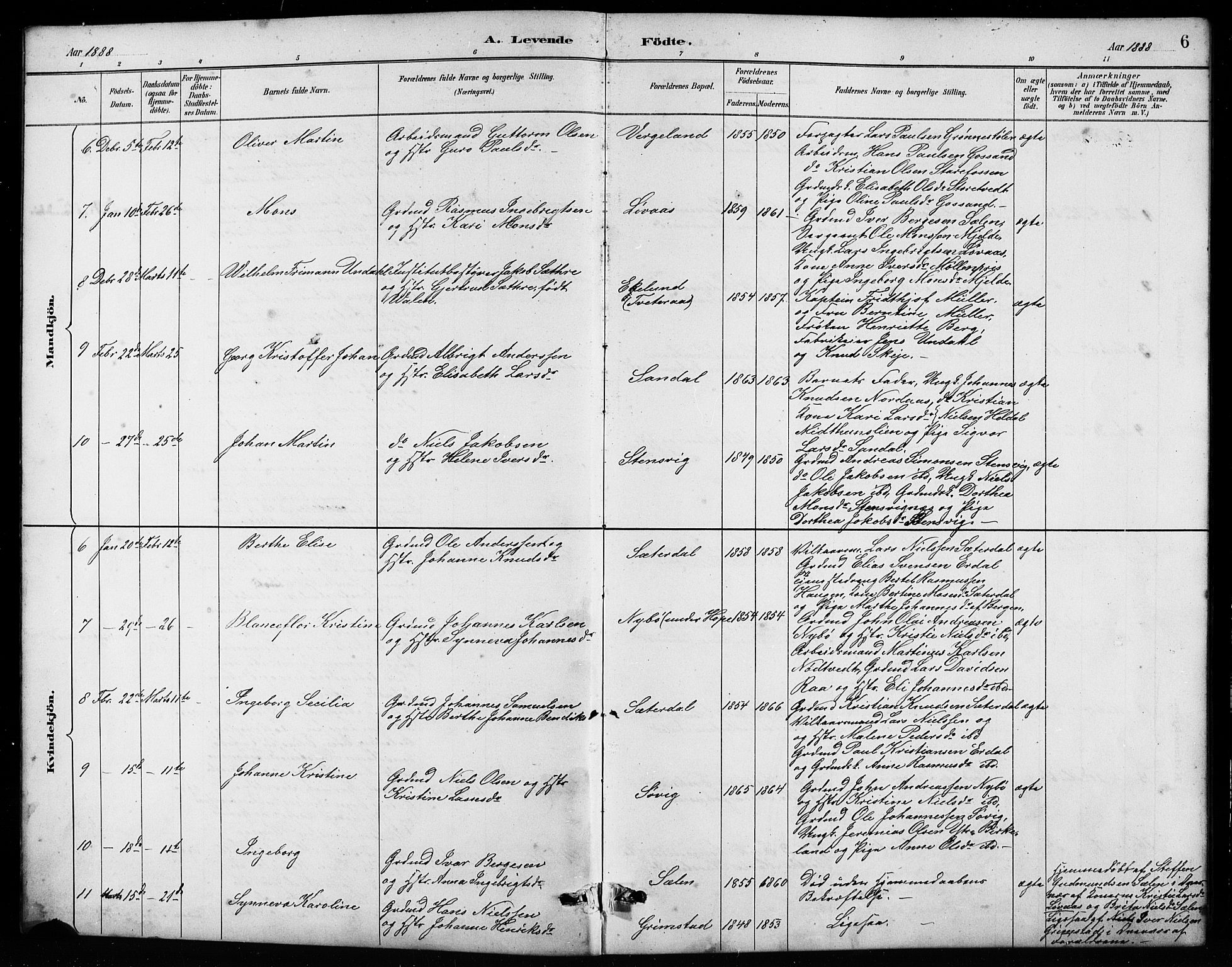 Birkeland Sokneprestembete, AV/SAB-A-74601/H/Hab: Klokkerbok nr. A 4, 1888-1897, s. 6