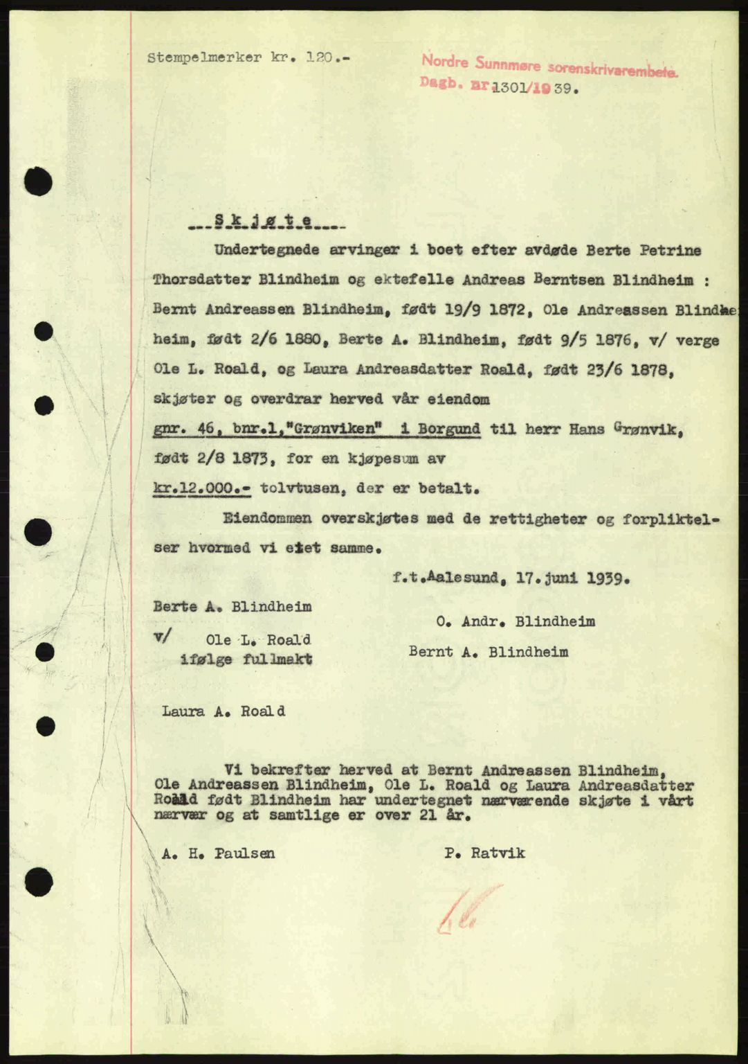 Nordre Sunnmøre sorenskriveri, SAT/A-0006/1/2/2C/2Ca: Pantebok nr. A7, 1939-1939, Dagboknr: 1301/1939