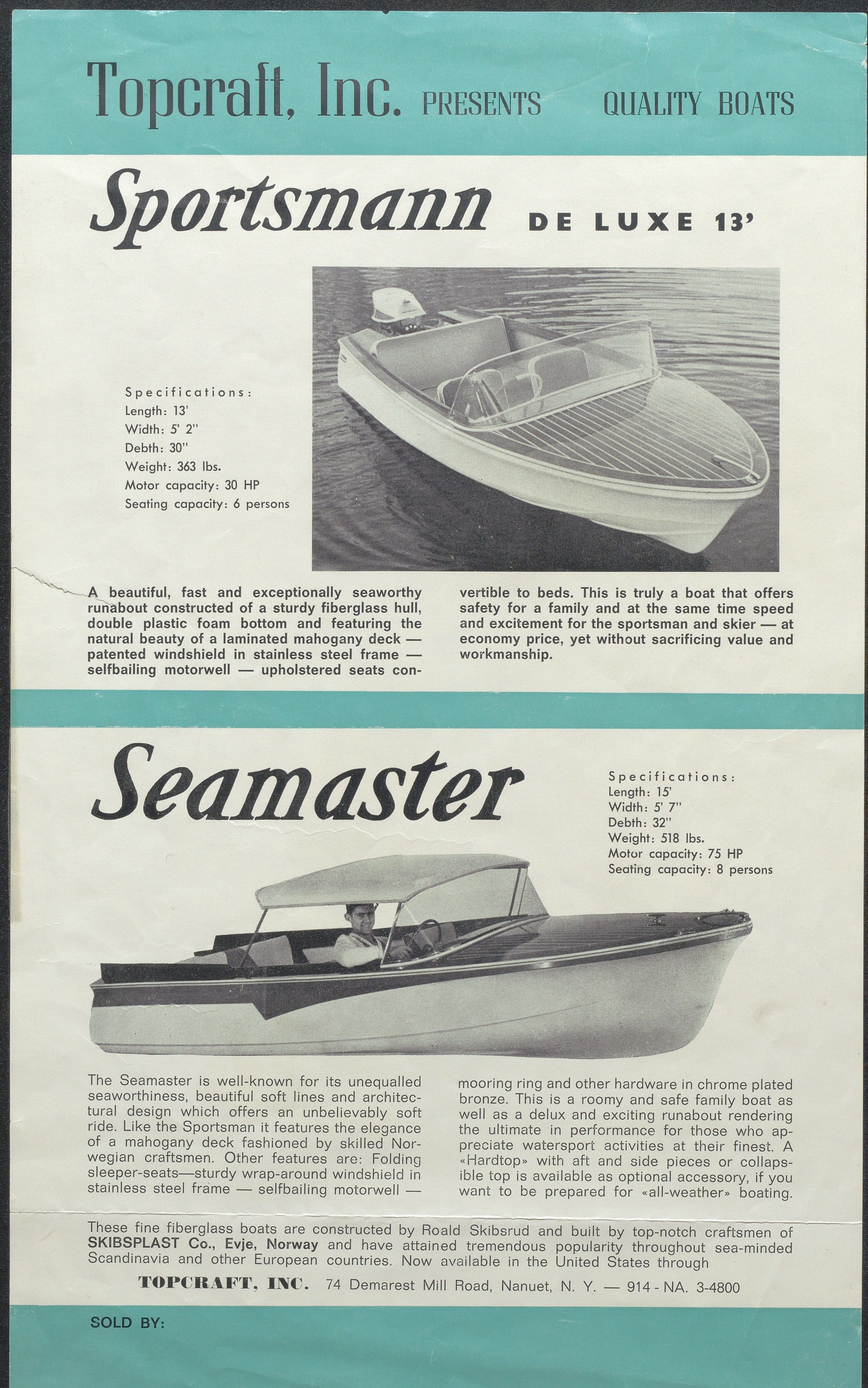 Skibsplast, AAKS/PA-2968/01/X/X01/L0001/0002: Brosjyrer / Sportsmann De Luxe 13' (1964-1971). Seamaster 15' (1958-1962/64), 1958-1971