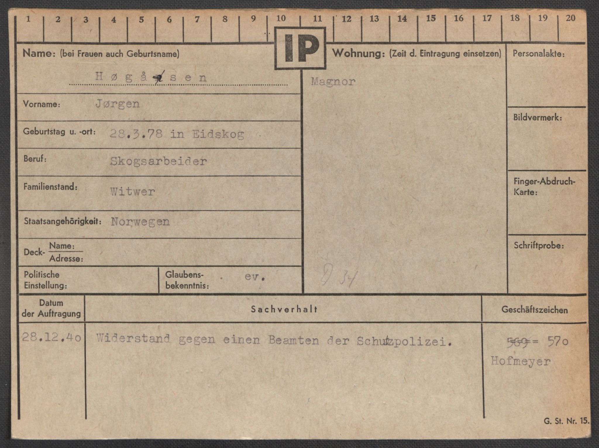 Befehlshaber der Sicherheitspolizei und des SD, AV/RA-RAFA-5969/E/Ea/Eaa/L0005: Register over norske fanger i Møllergata 19: Hø-Kj, 1940-1945, s. 20