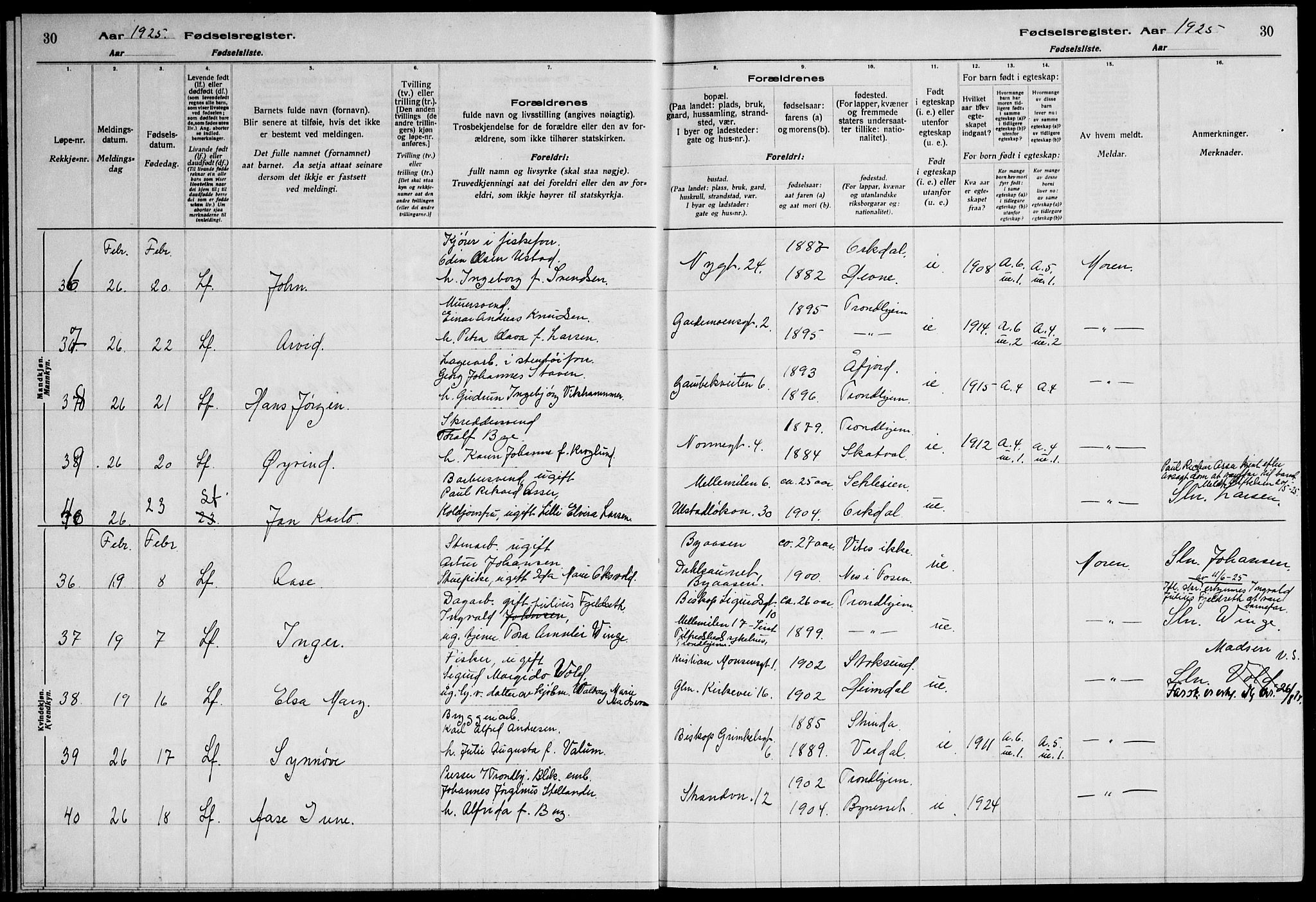 Ministerialprotokoller, klokkerbøker og fødselsregistre - Sør-Trøndelag, AV/SAT-A-1456/600/L0004: Fødselsregister nr. 600.II.4.3, 1924-1928, s. 30