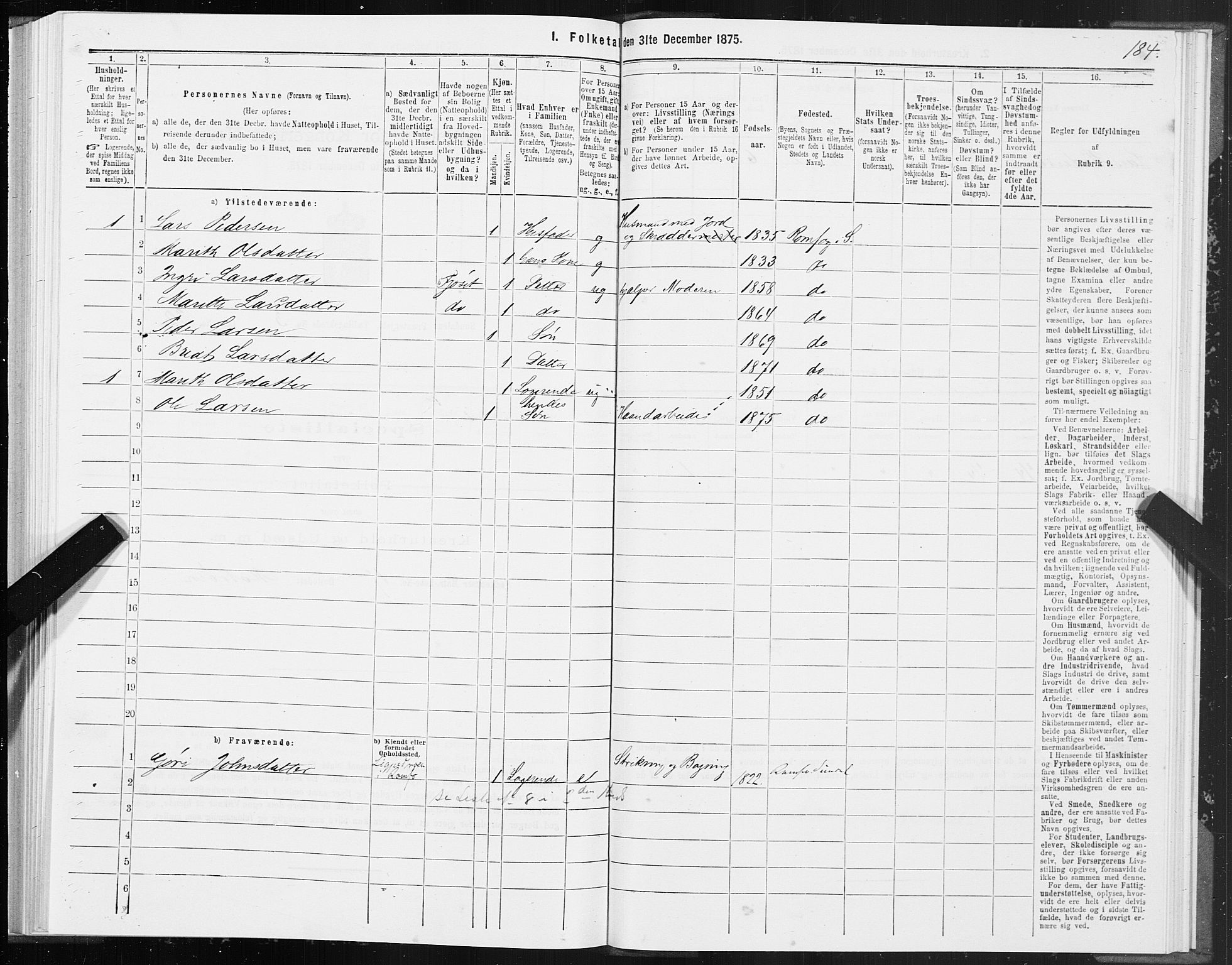 SAT, Folketelling 1875 for 1563P Sunndal prestegjeld, 1875, s. 1184