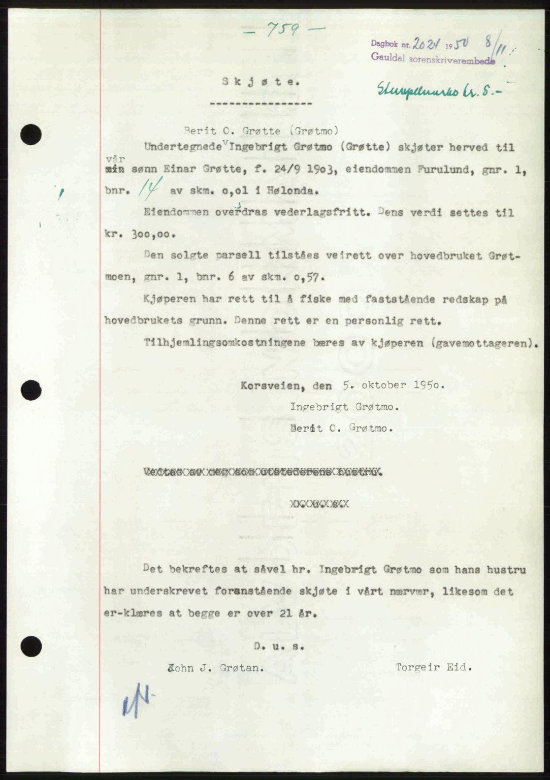 Gauldal sorenskriveri, SAT/A-0014/1/2/2C: Pantebok nr. A11, 1950-1950, Dagboknr: 2024/1950