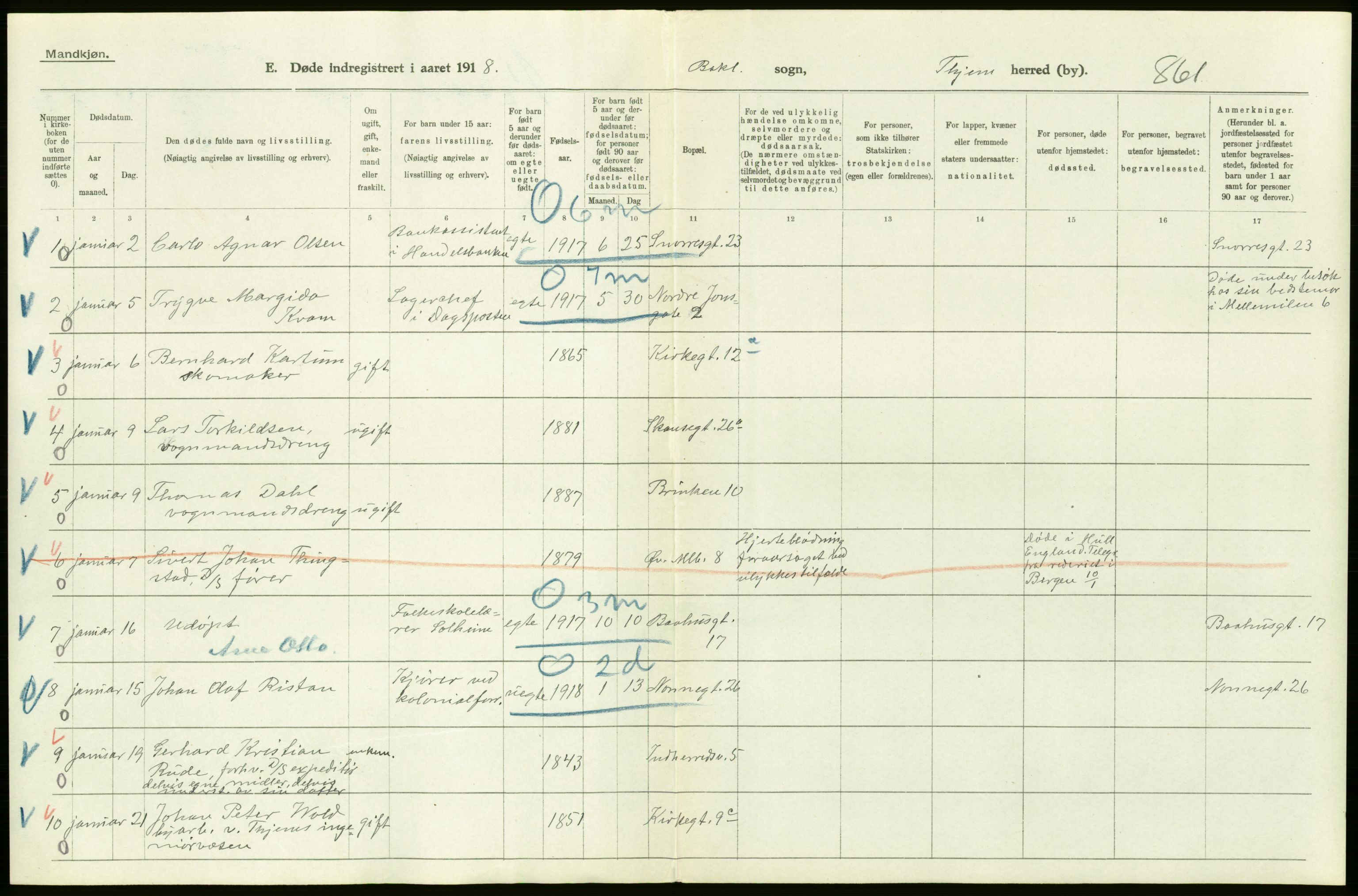 Statistisk sentralbyrå, Sosiodemografiske emner, Befolkning, AV/RA-S-2228/D/Df/Dfb/Dfbh/L0049: Trondheim: Døde, dødfødte., 1918, s. 32