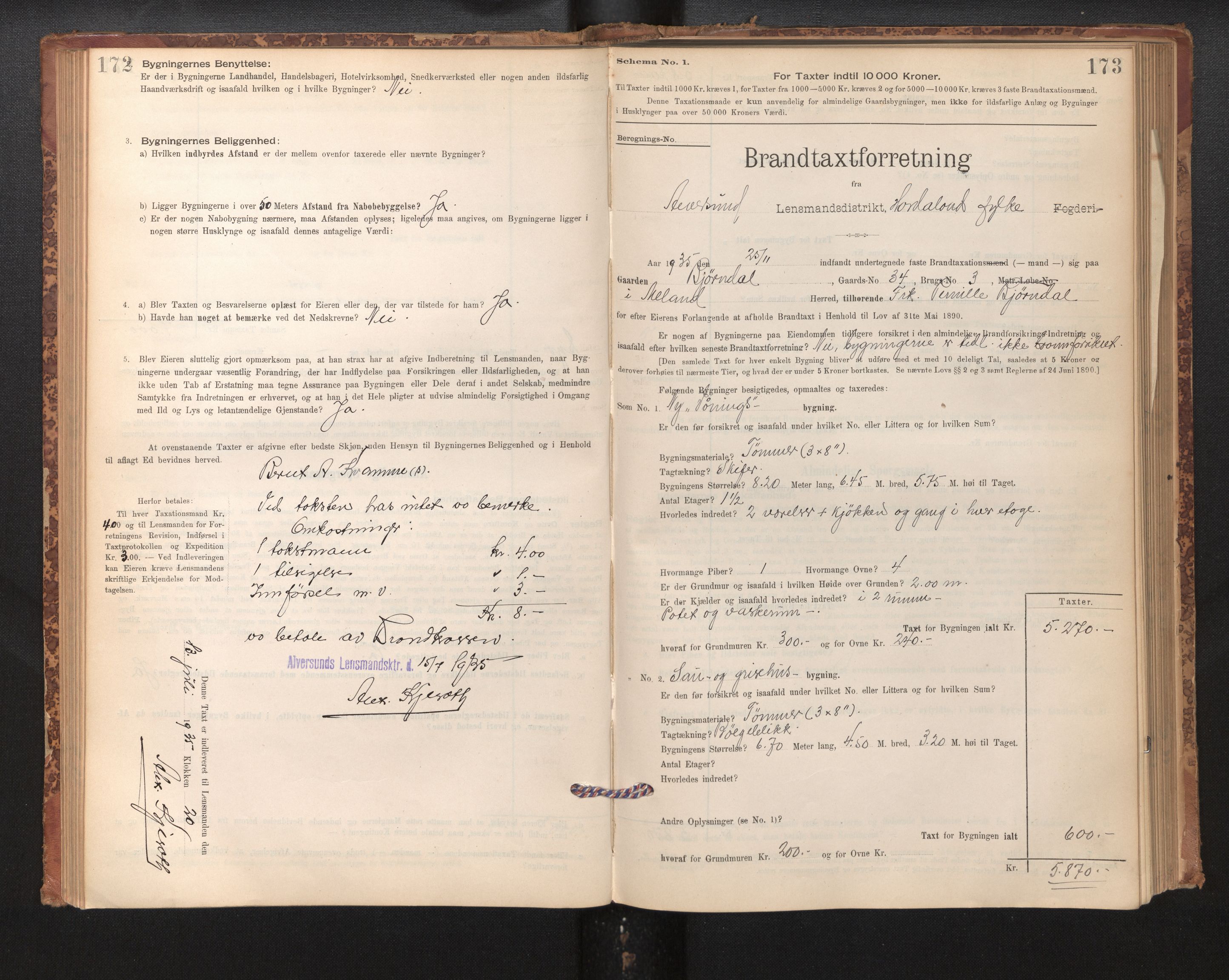 Lensmannen i Alversund, SAB/A-30701/0012/L0004: Branntakstprotokoll, skjematakst, 1894-1953, s. 172-173
