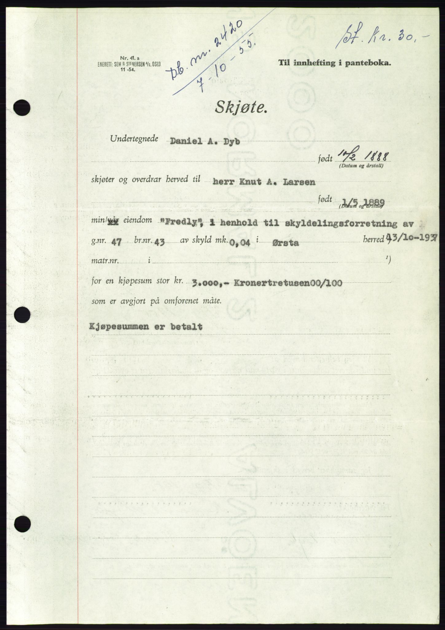 Søre Sunnmøre sorenskriveri, AV/SAT-A-4122/1/2/2C/L0102: Pantebok nr. 28A, 1955-1956, Dagboknr: 2420/1955