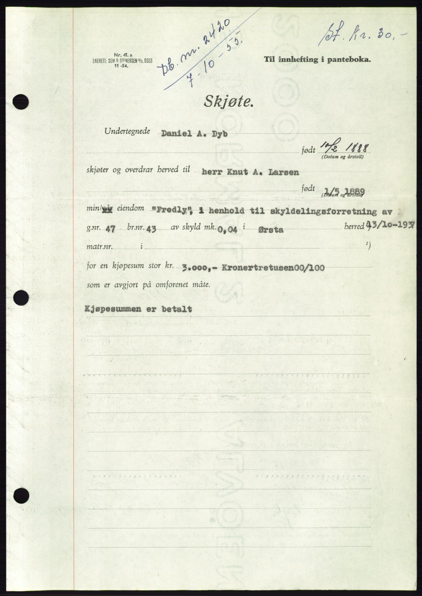 Søre Sunnmøre sorenskriveri, SAT/A-4122/1/2/2C/L0102: Pantebok nr. 28A, 1955-1956, Dagboknr: 2420/1955