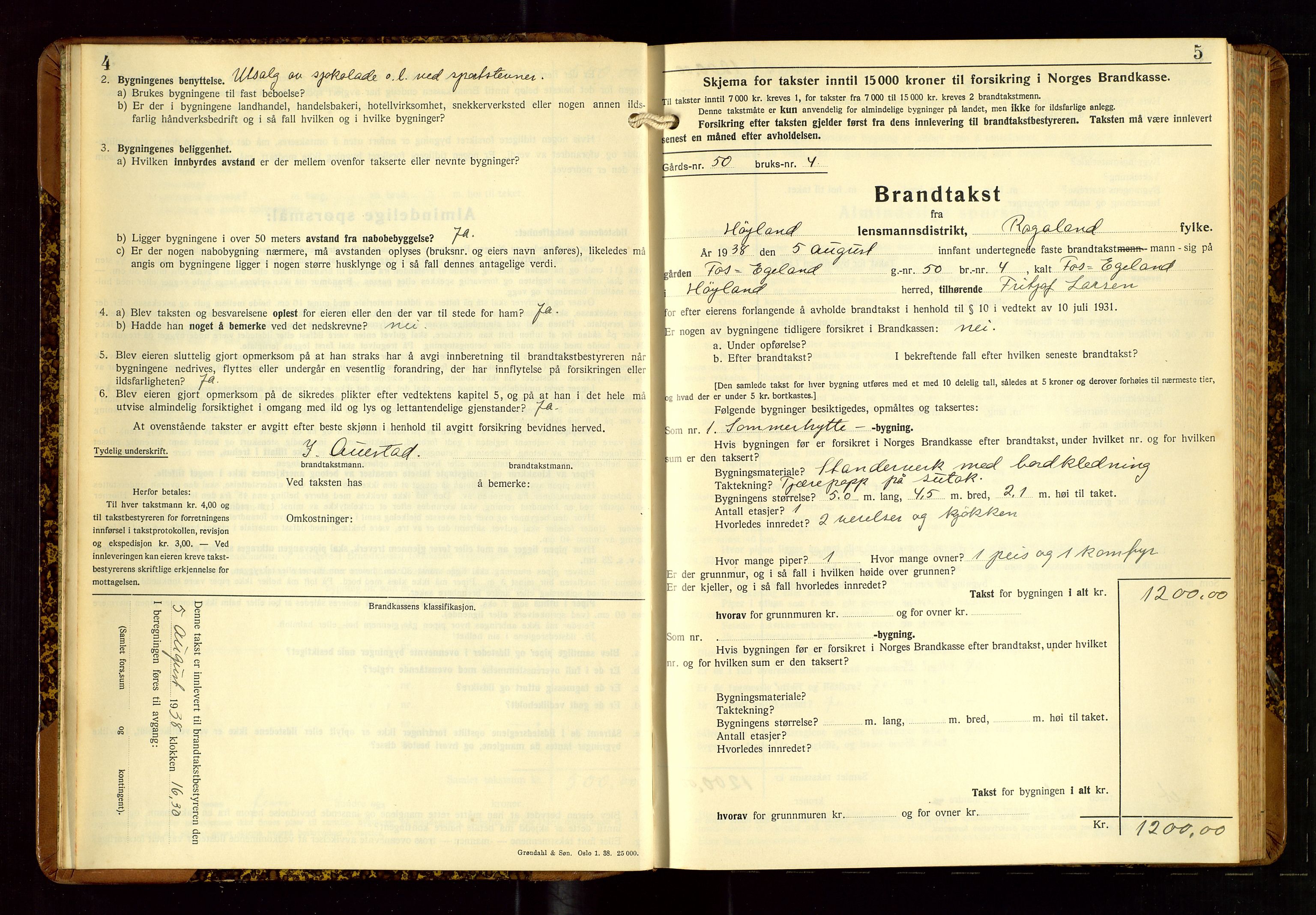 Høyland/Sandnes lensmannskontor, AV/SAST-A-100166/Gob/L0007: "Brandtakstprotokoll", 1938-1940, s. 4-5