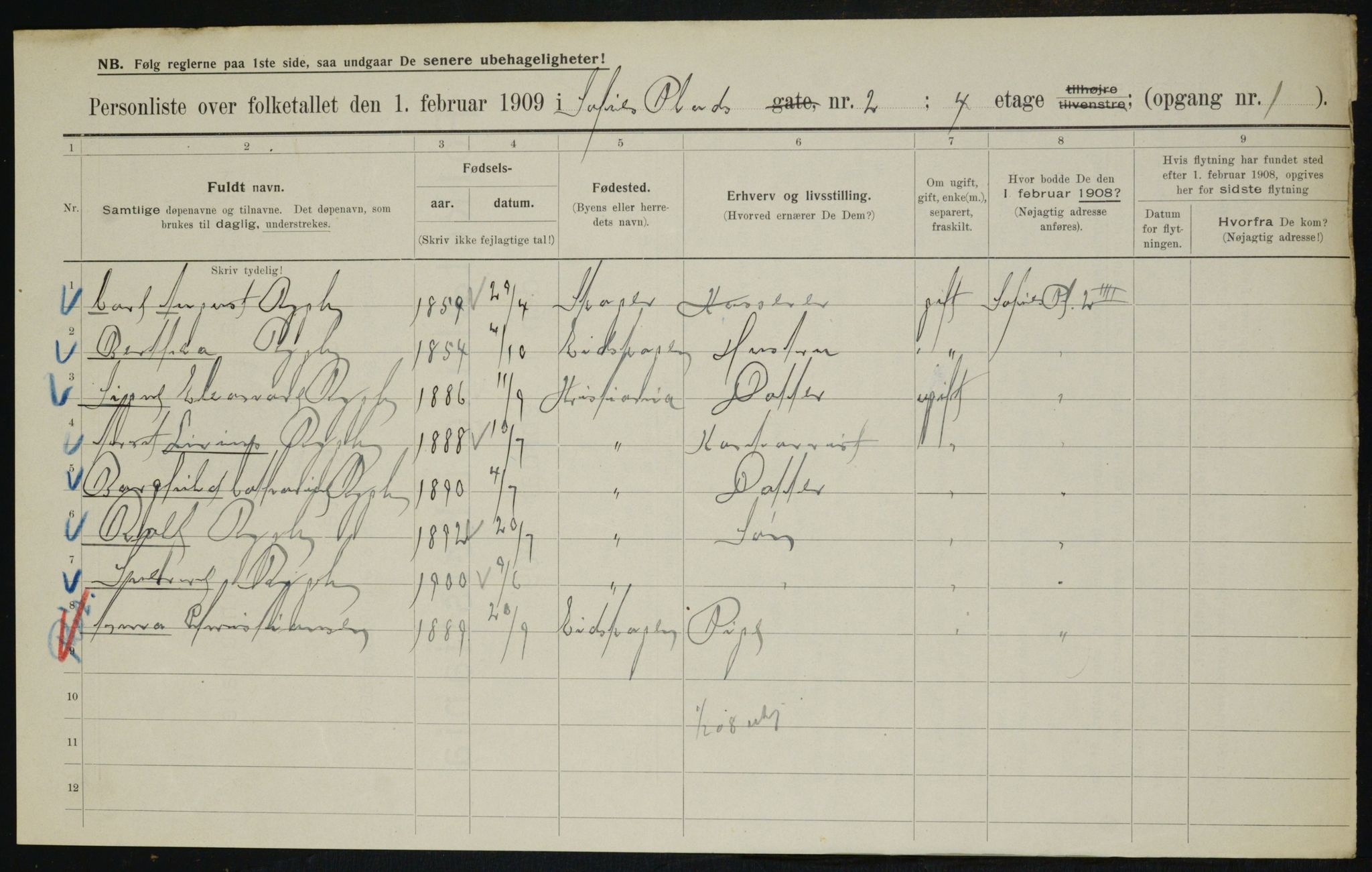 OBA, Kommunal folketelling 1.2.1909 for Kristiania kjøpstad, 1909, s. 90122