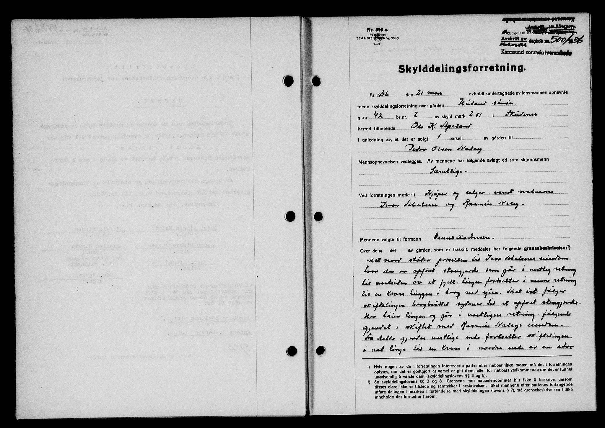 Karmsund sorenskriveri, SAST/A-100311/01/II/IIB/L0066: Pantebok nr. 47A, 1936-1936, Dagboknr: 500/1936