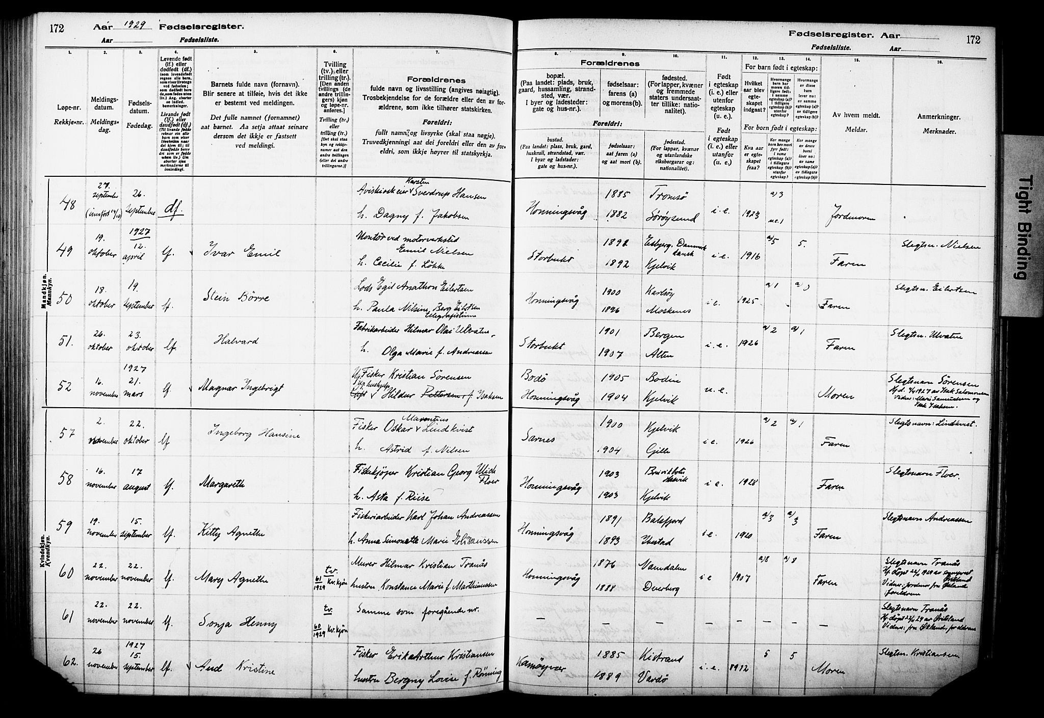 Kjelvik/Nordkapp sokneprestkontor, SATØ/S-1350/I/Ia/L0015: Fødselsregister nr. 15, 1916-1930, s. 172