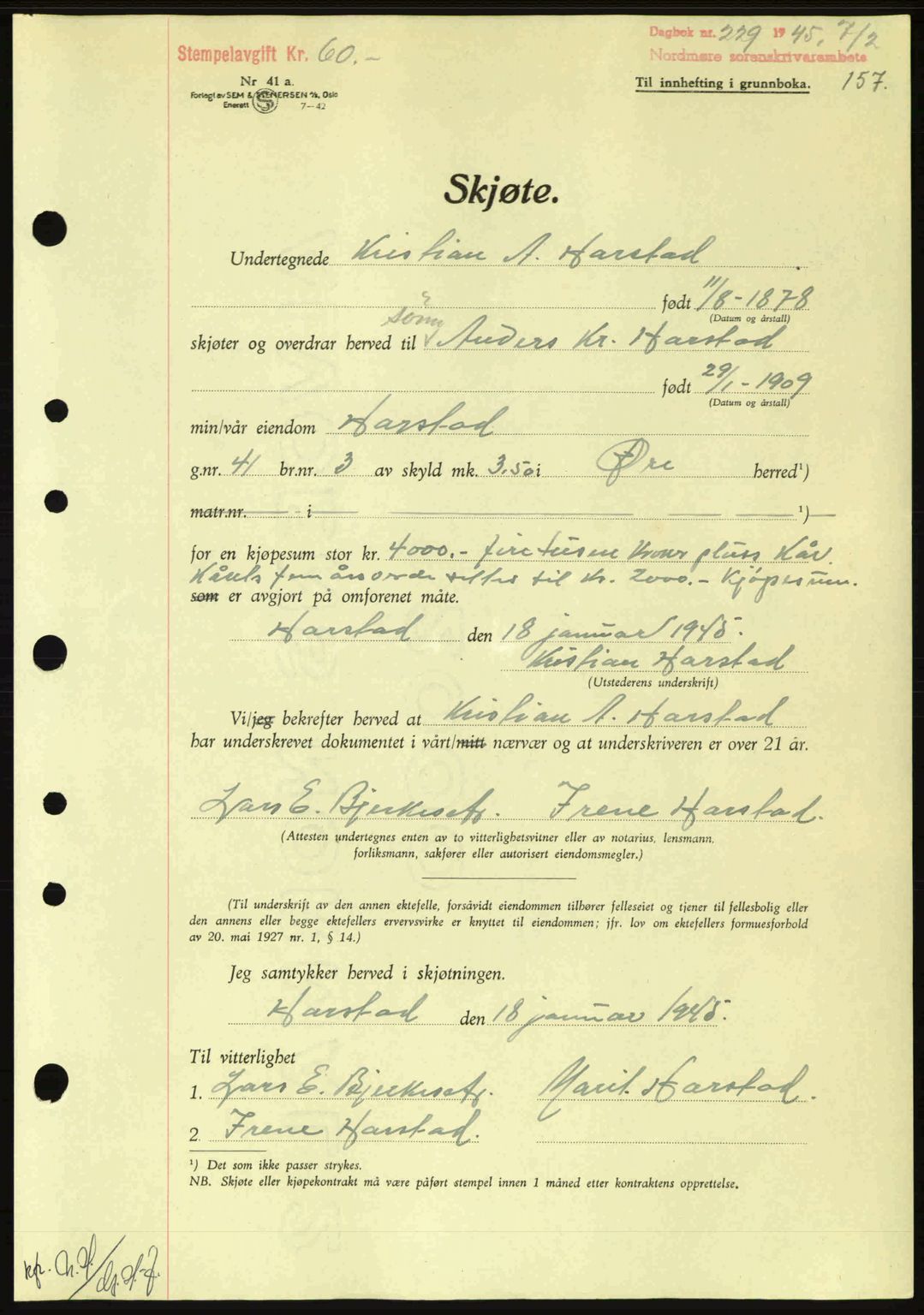 Nordmøre sorenskriveri, SAT/A-4132/1/2/2Ca: Pantebok nr. A99, 1945-1945, Dagboknr: 229/1945