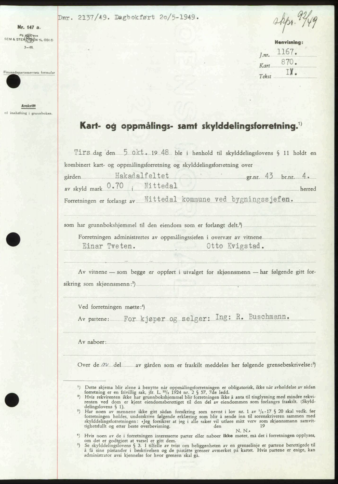 Nedre Romerike sorenskriveri, SAO/A-10469/G/Gb/Gbd/L0025: Pantebok nr. 25, 1949-1949, Dagboknr: 2137/1949